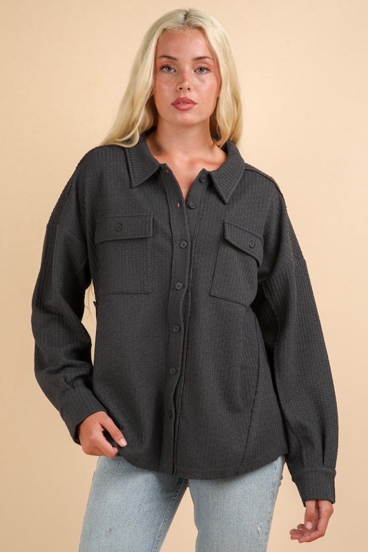 Blue Zone Planet | VERY J Button Down Textured Knit Shacket-TOPS / DRESSES-[Adult]-[Female]-Charcoal-S-2022 Online Blue Zone Planet