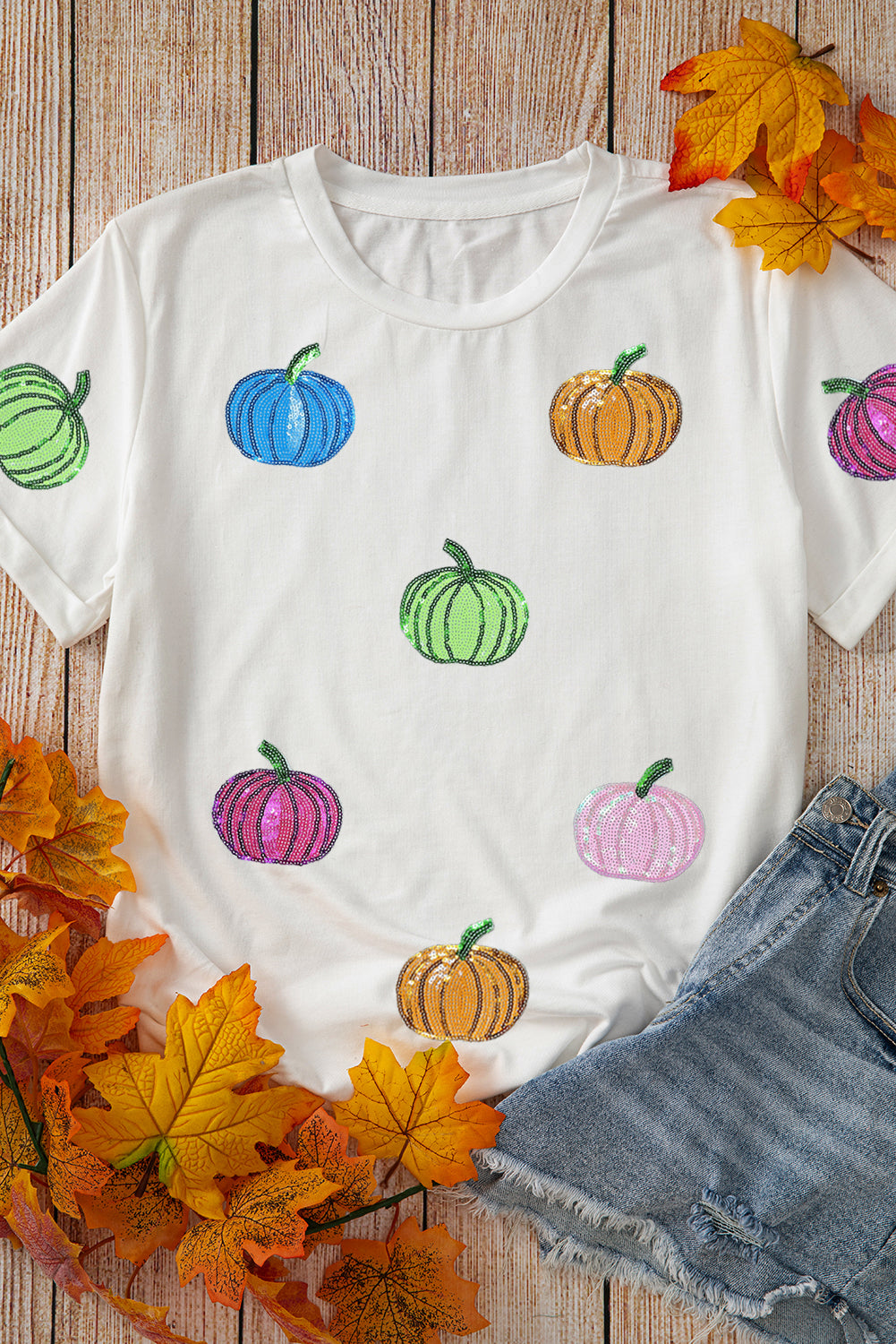 White Sequin Pumpkin Patched Cotton Blend T Shirt-Graphic/Graphic Tees-[Adult]-[Female]-2022 Online Blue Zone Planet