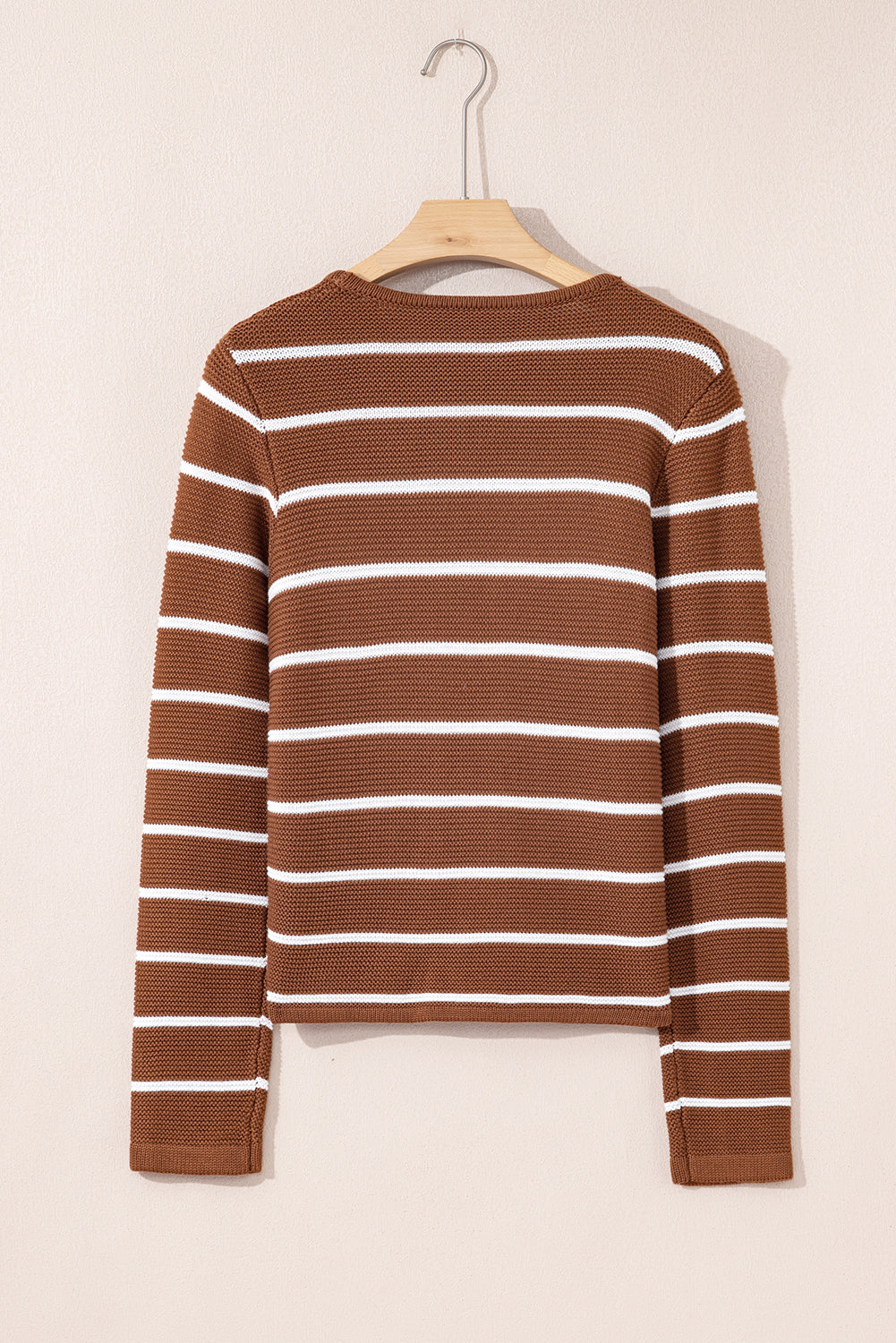 Chestnut Tie Front Striped Knit V Neck Cardigan Sweater-Sweaters & Cardigans/Cardigans-[Adult]-[Female]-2022 Online Blue Zone Planet