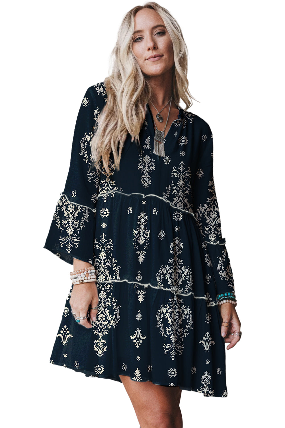 Blue Boho Floral Print Lettuce Trim 3/4 Sleeve Mini Dress-TOPS / DRESSES-[Adult]-[Female]-2022 Online Blue Zone Planet