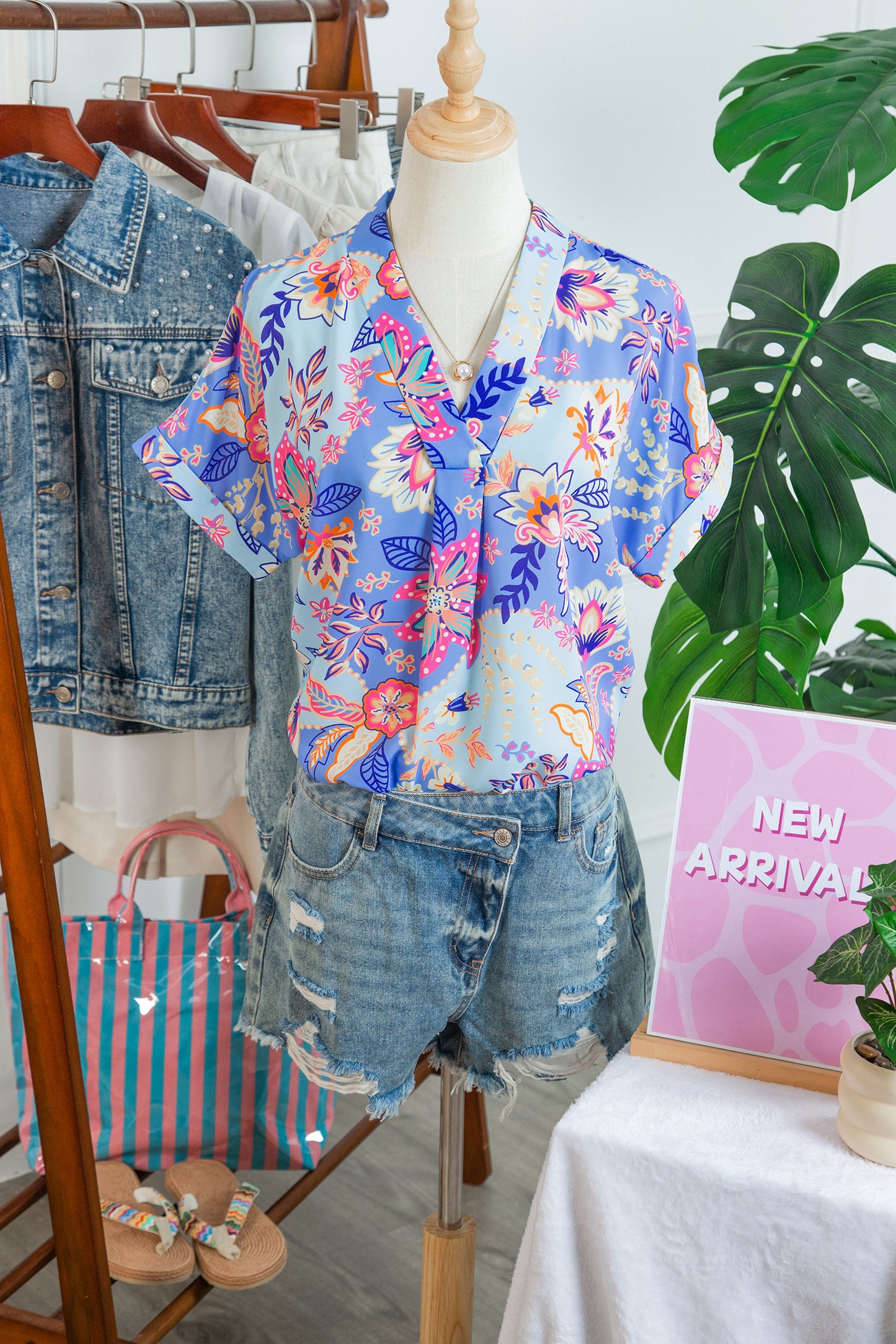 Purple Vacation Floral Print V Neck Short Sleeve Blouse-Tops/Blouses & Shirts-[Adult]-[Female]-2022 Online Blue Zone Planet