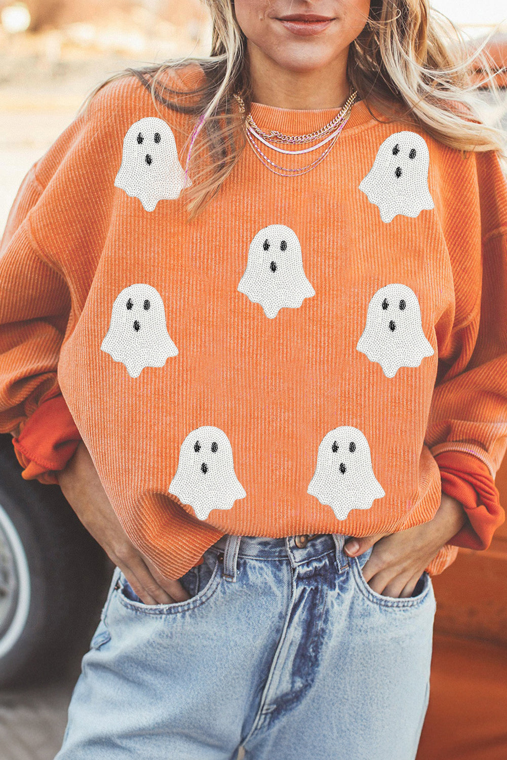 Orange Twisted Ribbed Texture Halloween Ghost Sequin Patched Sweatshirt-Graphic/Graphic Sweatshirts-[Adult]-[Female]-Orange-3-S-2022 Online Blue Zone Planet