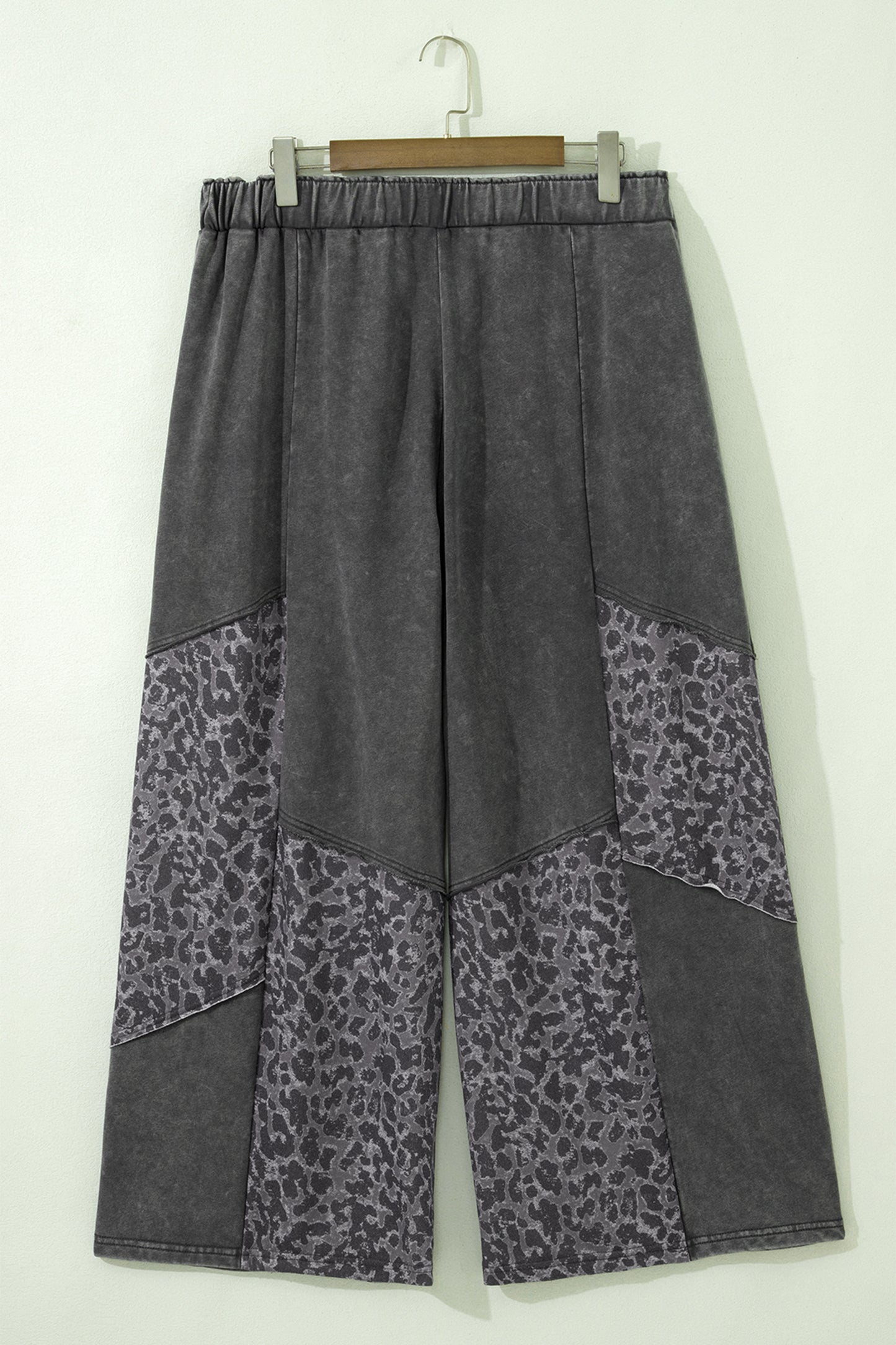 Dark Grey Plus Size Leopard Patchwork Mineral Wash Wide Leg Pants-Plus Size/Plus Size Bottoms-[Adult]-[Female]-2022 Online Blue Zone Planet