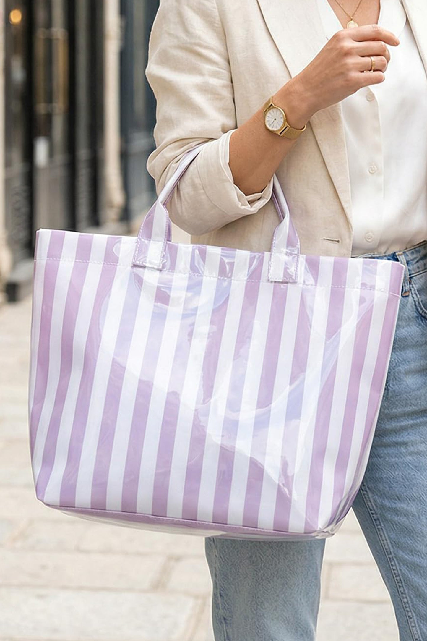 Wisteria Glossy Striped Vinyl Large Tote Bag (Color Varied)