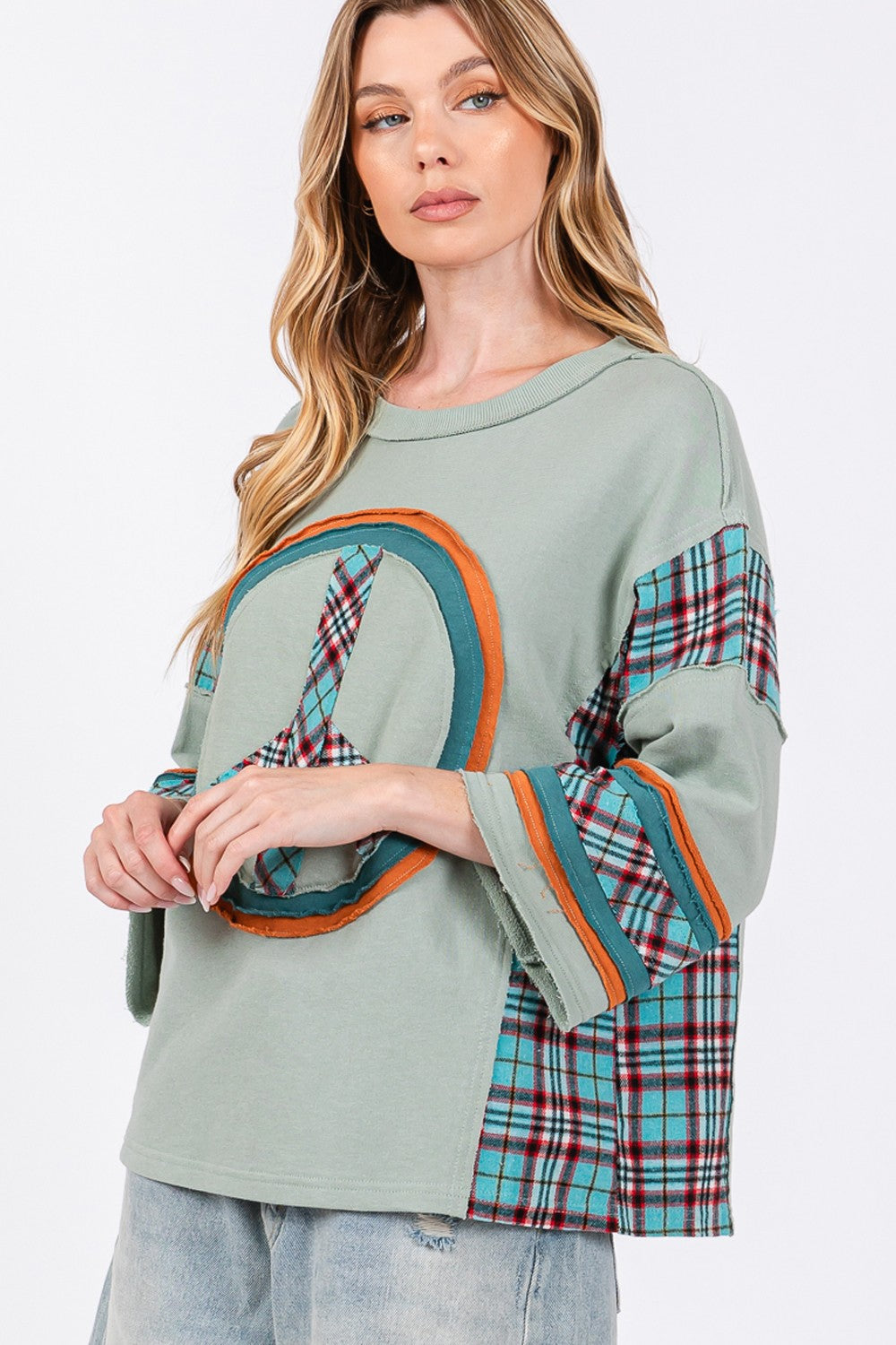 Blue Zone Planet | SAGE + FIG Peace Applique Patch Contrast Plaid Top-TOPS / DRESSES-[Adult]-[Female]-2022 Online Blue Zone Planet