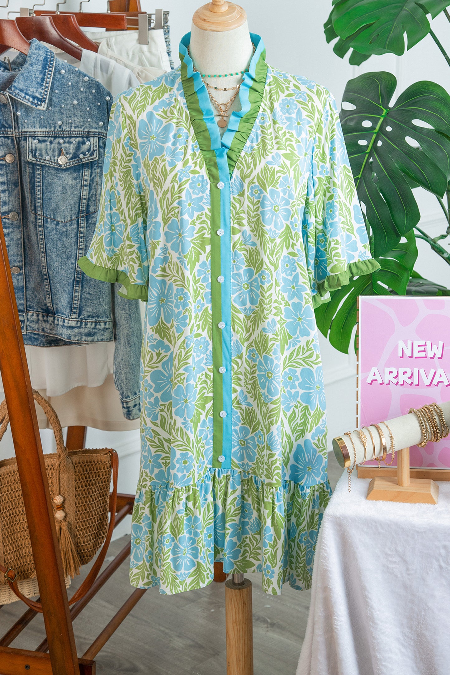 Sky Blue Botanical Floral Print Frilled Trim V Neck Button Front Loose Dress-TOPS / DRESSES-[Adult]-[Female]-2022 Online Blue Zone Planet