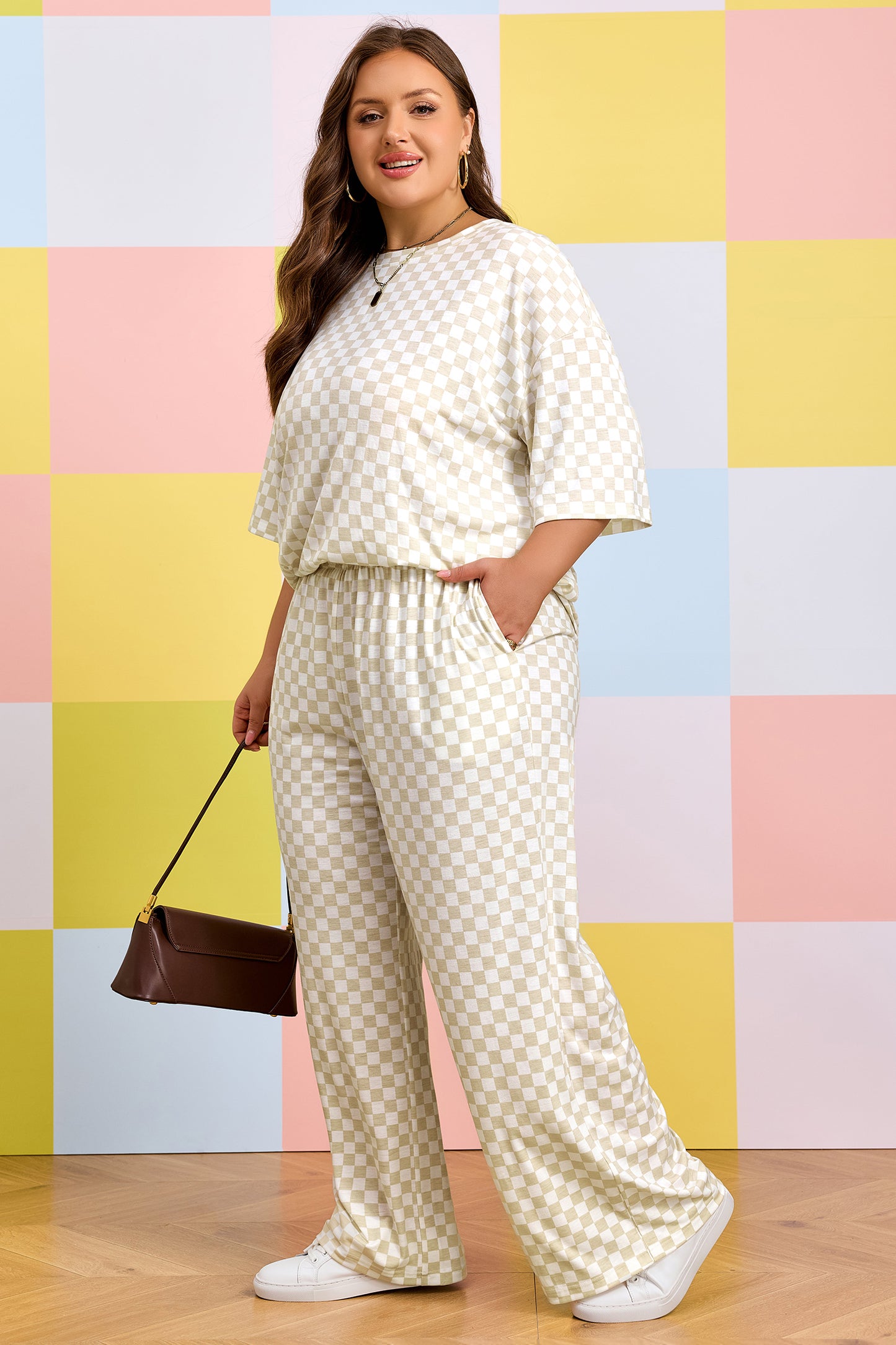 Khaki Plus Size Checkered Print Half Sleeve Tee Loose Pants Two-piece Lounge Set-Plus Size/Plus Size Bottoms-[Adult]-[Female]-2022 Online Blue Zone Planet