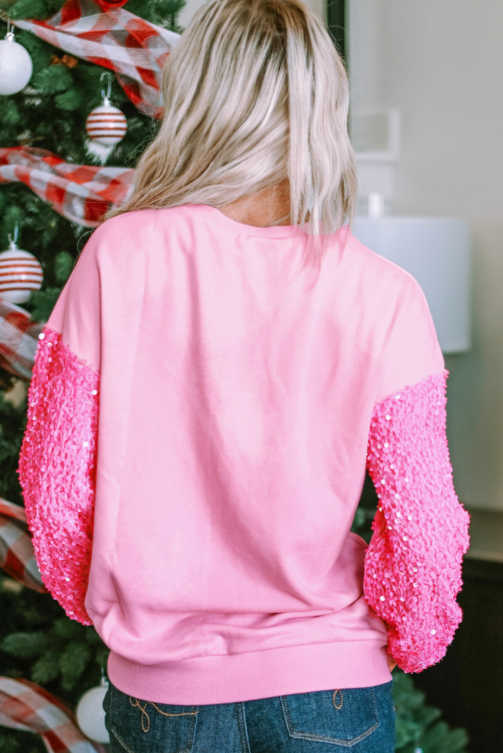 Pink Leopard Heart Graphic Sequin Patchwork Long Sleeve Valentines Top-Graphic/Graphic Long Sleeve Tees-[Adult]-[Female]-2022 Online Blue Zone Planet