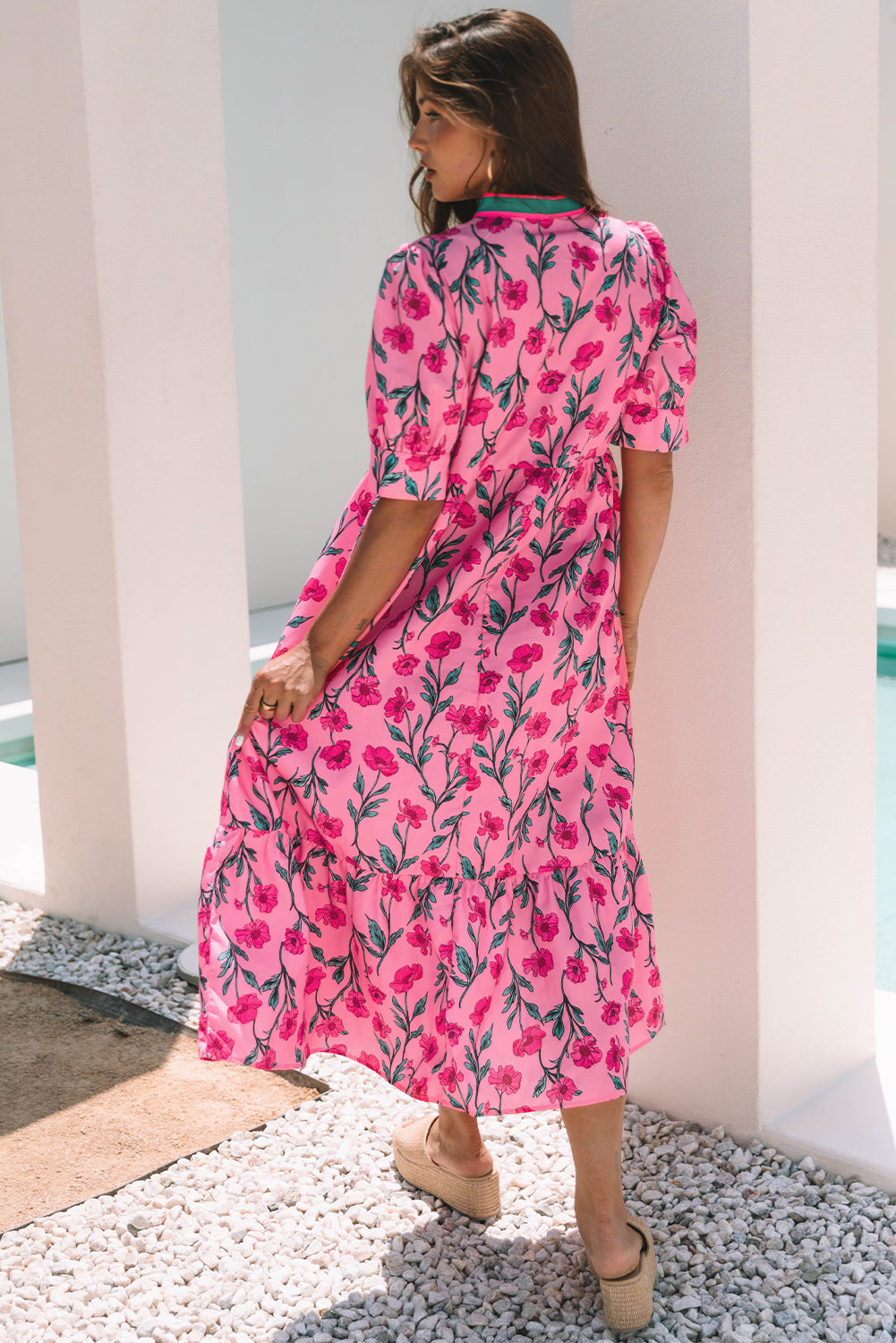 Pink Floral Contrast Neckline A-line Puff Sleeve Long Dress-Dresses/Maxi Dresses-[Adult]-[Female]-2022 Online Blue Zone Planet