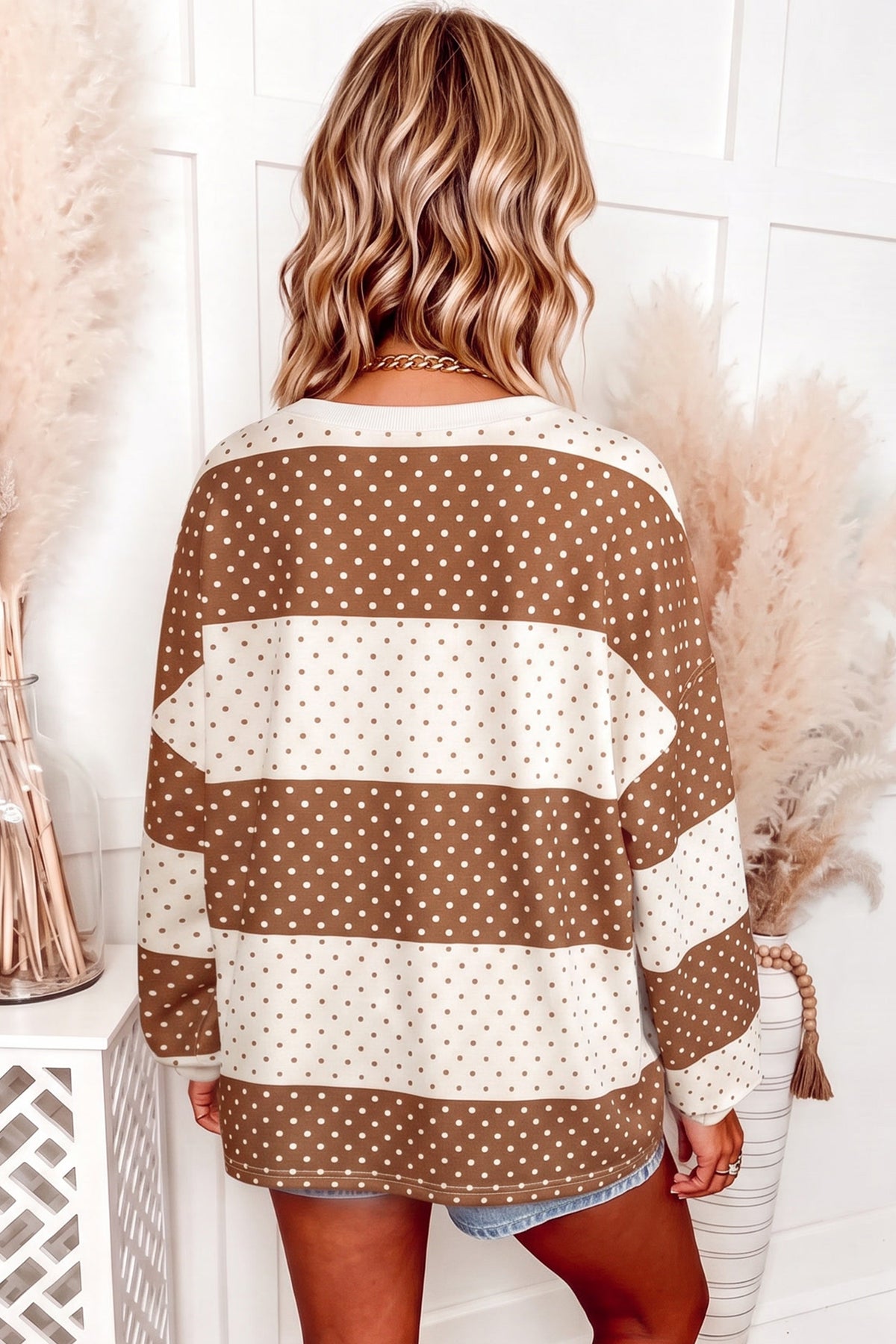 Blue Polka Dot Patchwork Colorblock Long Sleeve Top-Tops/Long Sleeve Tops-[Adult]-[Female]-2022 Online Blue Zone Planet