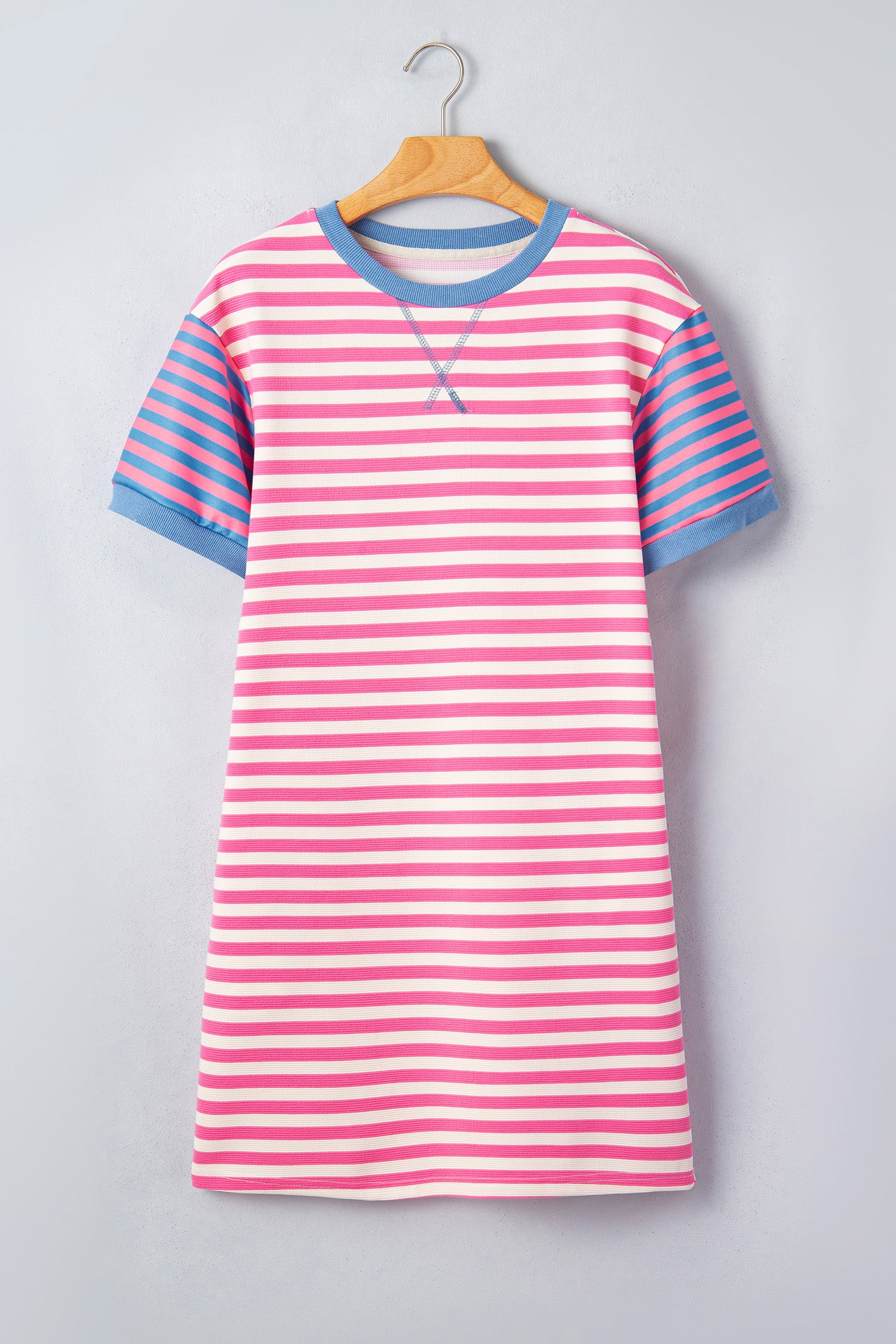 Pink Stripe Contrast Patchwork Short Sleeve T Shirt Shift Dress-TOPS / DRESSES-[Adult]-[Female]-2022 Online Blue Zone Planet