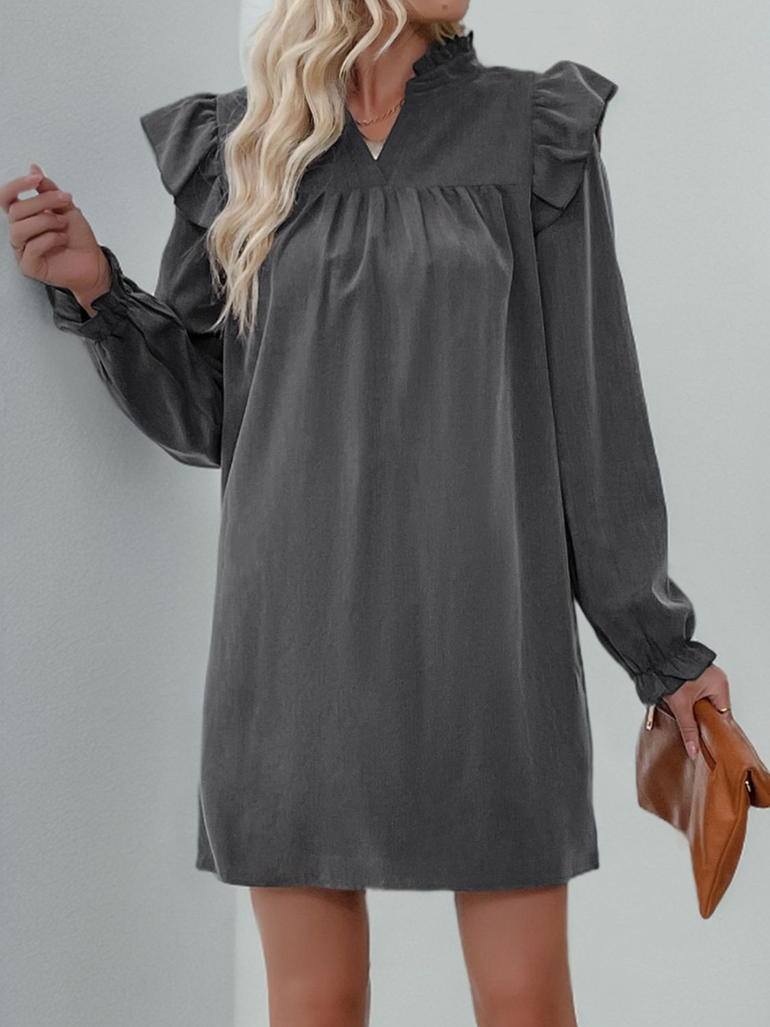 Perfee Ruffled Notched Long Sleeve Mini Dress-TOPS / DRESSES-[Adult]-[Female]-2022 Online Blue Zone Planet