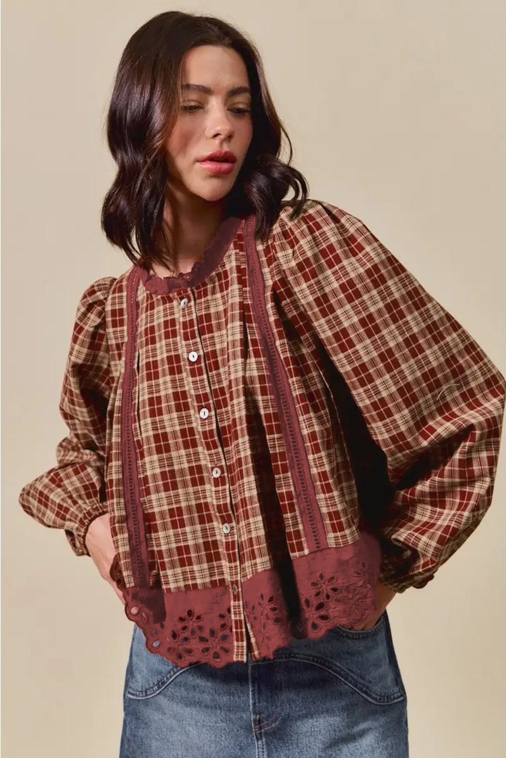Red Dahlia Plaid Eyelet Lace Trim Button Down Loose Long Sleeve Shirt-Tops/Blouses & Shirts-[Adult]-[Female]-2022 Online Blue Zone Planet