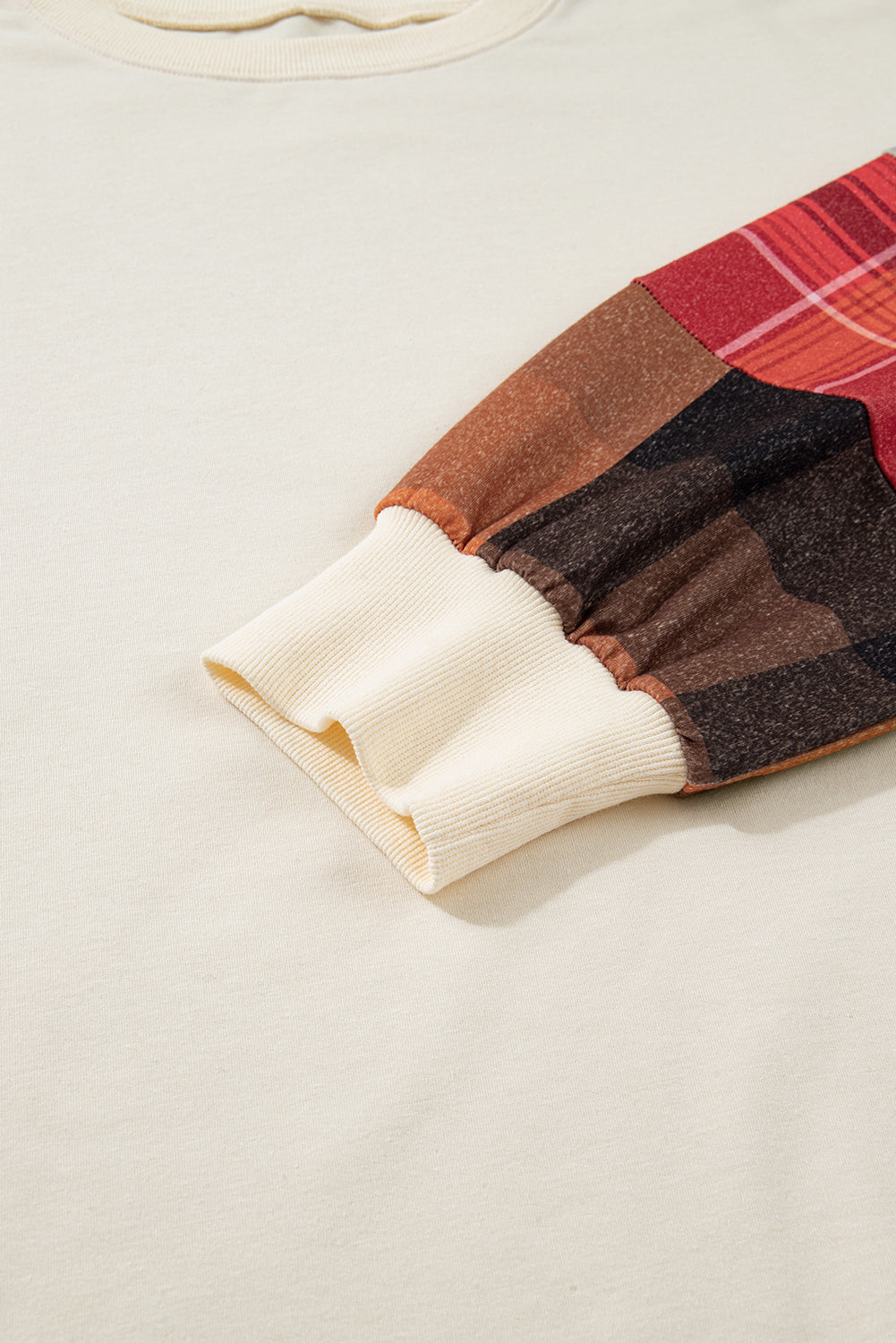 Beige Plus Size Multicolor Plaid Patchwork Sleeve Pullover Top-Plus Size/Plus Size Tops/Plus Size Long Sleeve Tops-[Adult]-[Female]-2022 Online Blue Zone Planet