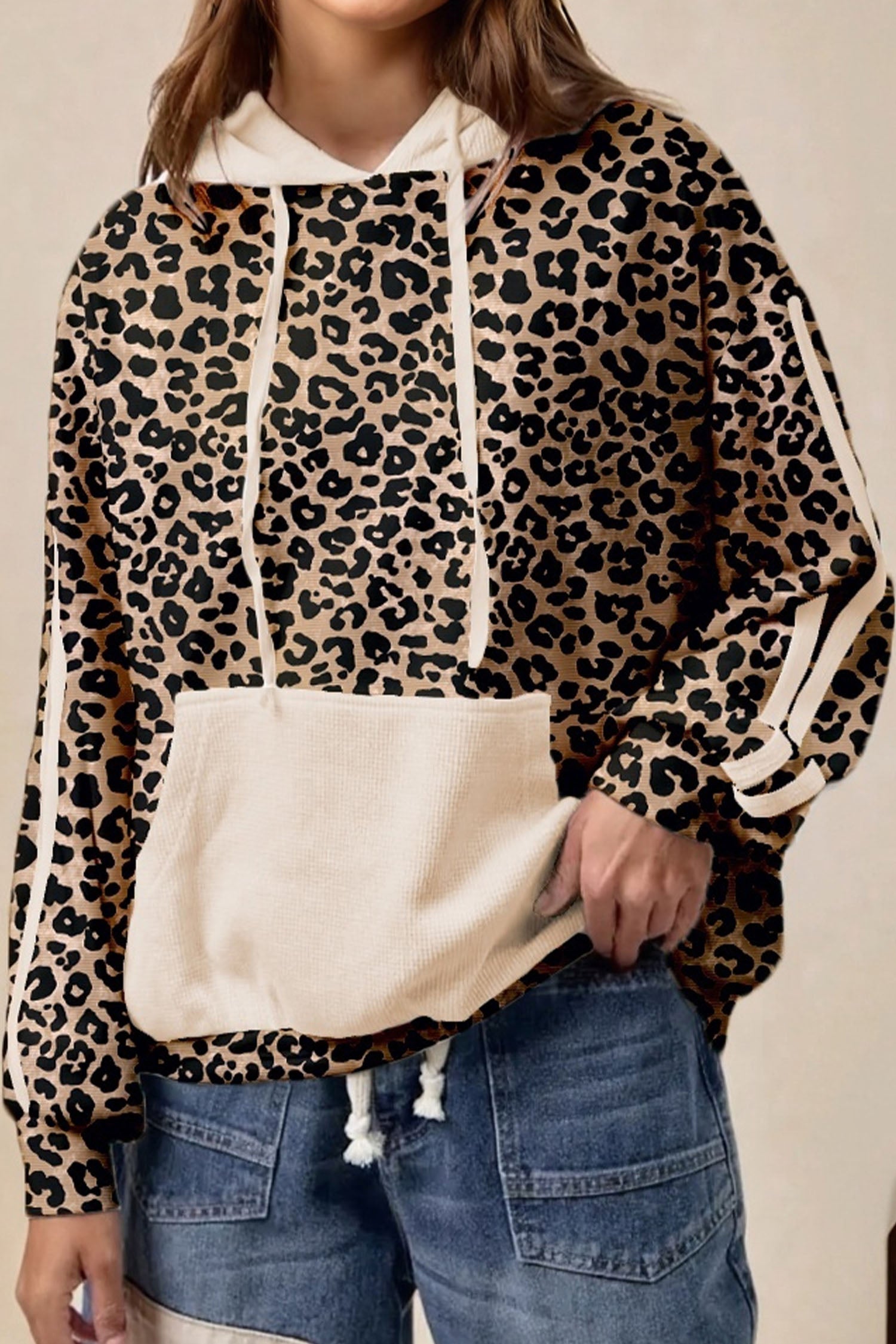 Leopard Print Waffle Contrast Kangaroo Pocket Hooded Sweatshirt-Tops / Dresses-[Adult]-[Female]-2022 Online Blue Zone Planet