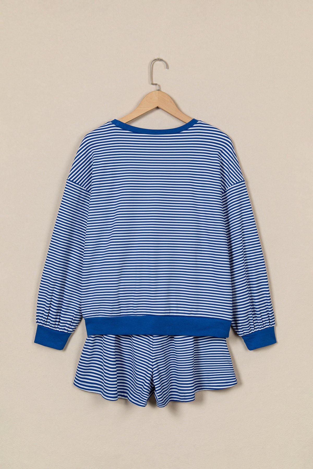 Blue Stripe Oversized Long Sleeve Top Drawstring Loose Shorts 2pcs Set-Two Piece Sets/Short Sets-[Adult]-[Female]-2022 Online Blue Zone Planet