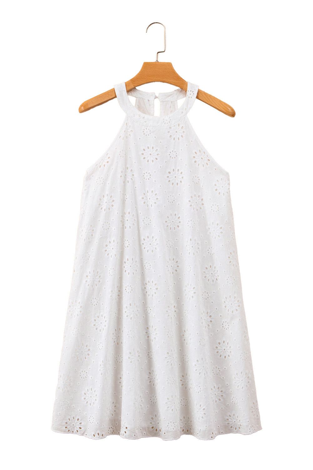 White Boho Eyelet Pattern Halter Neck Sleeveless Dress-Dresses/Mini Dresses-[Adult]-[Female]-2022 Online Blue Zone Planet