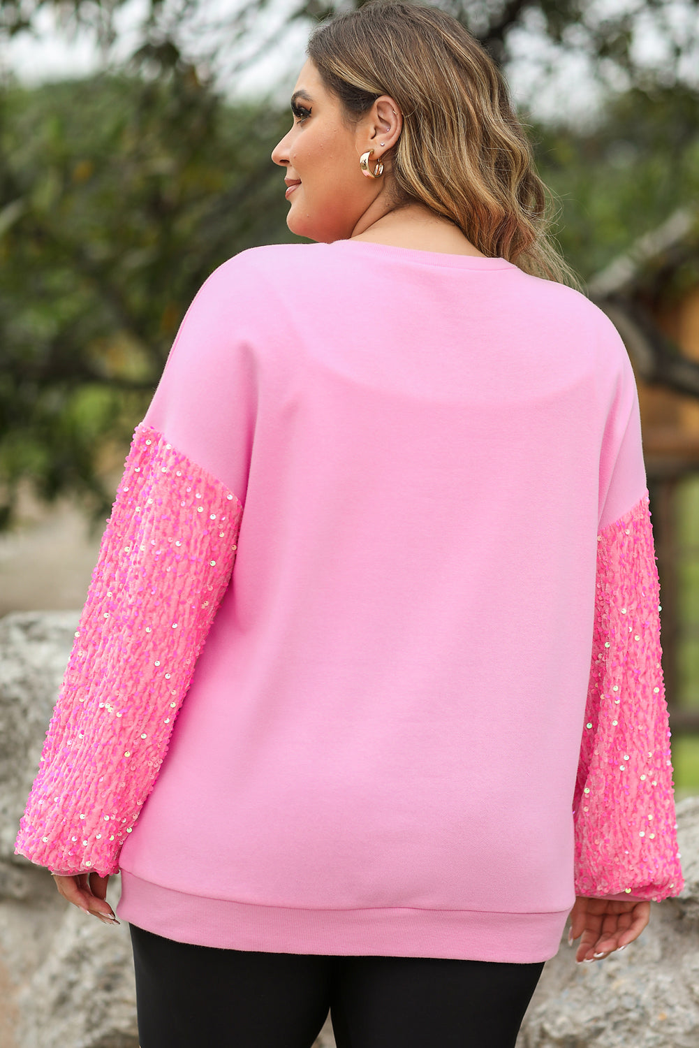 Blue Zone Planet | Pink Plus Size Santa Christmas Sequin Sleeve Patchwork Sweatshirt-Graphic Sweatshirts-[Adult]-[Female]-2022 Online Blue Zone Planet