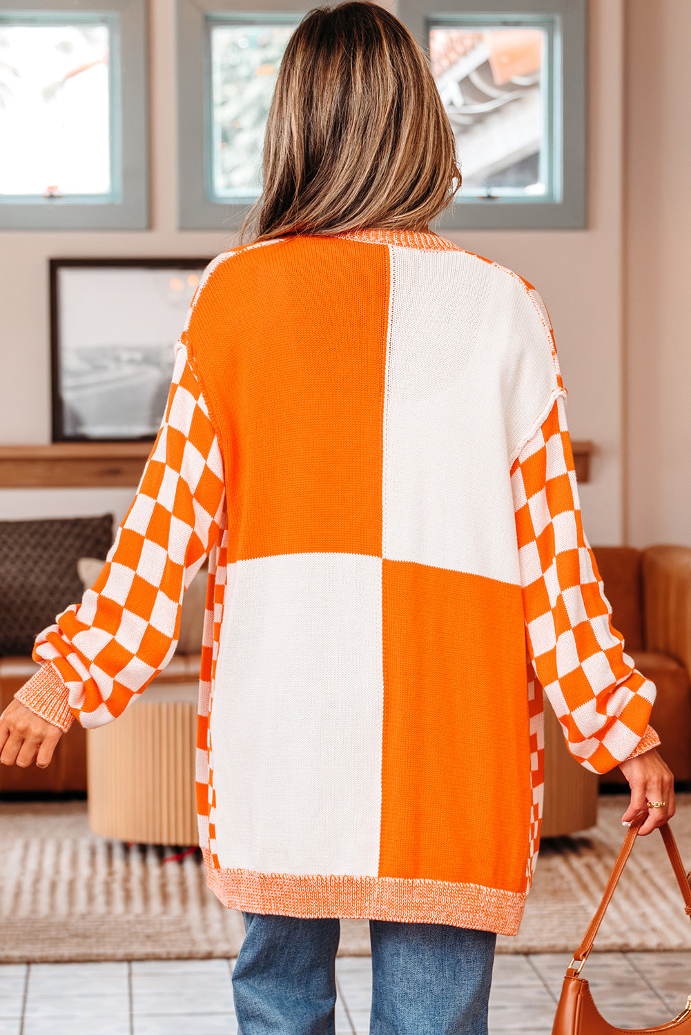 Orange Checkered Open Front Drop Shoulder Cardigan-Sweaters & Cardigans/Cardigans-[Adult]-[Female]-2022 Online Blue Zone Planet
