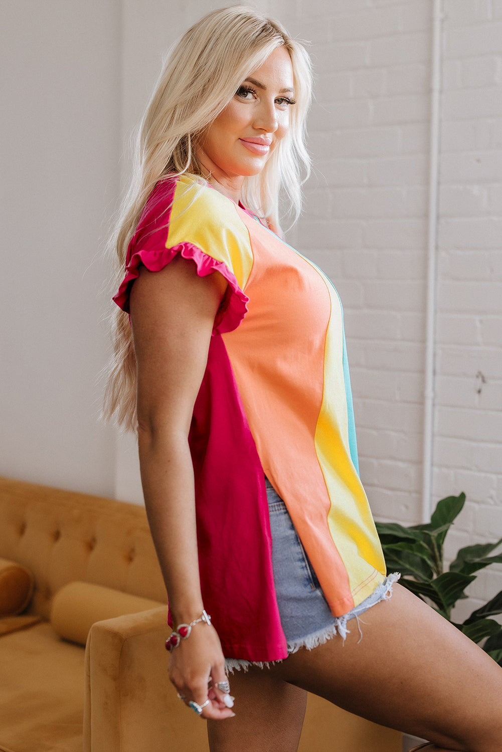 Rose Red Color Block Ruffled Crew Neck Loose Fit T Shirt-Tops/Tops & Tees-[Adult]-[Female]-2022 Online Blue Zone Planet