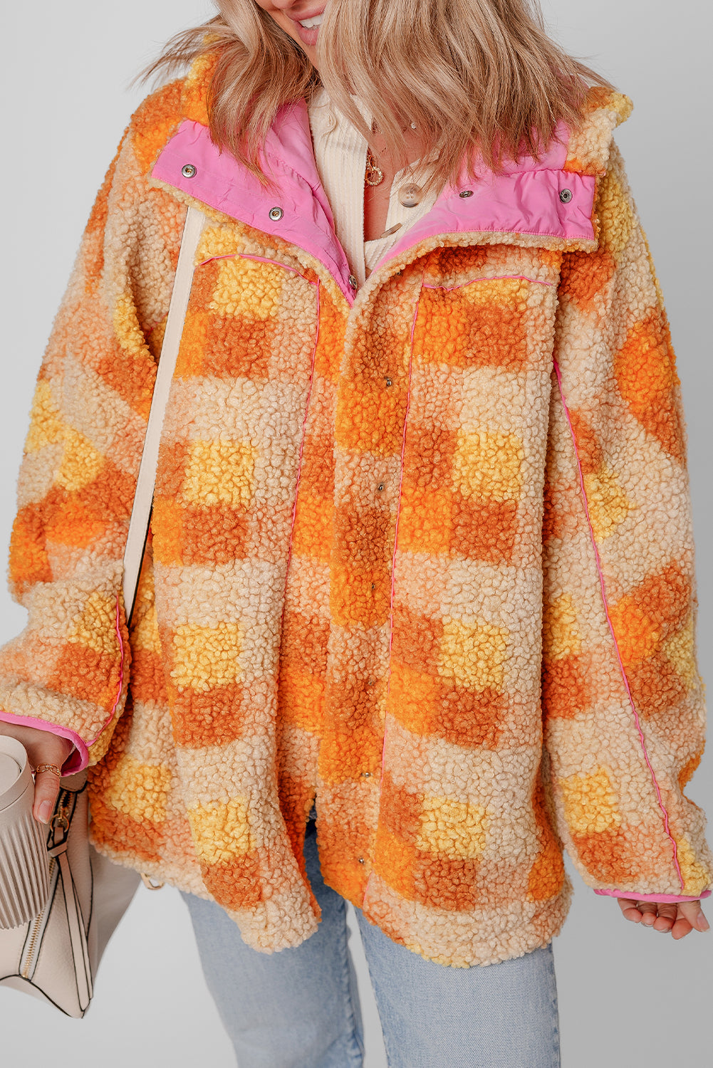 Blue Zone Planet | Ronda's Orange Checkered Sherpa Hooded Jacket-TOPS / DRESSES-[Adult]-[Female]-2022 Online Blue Zone Planet