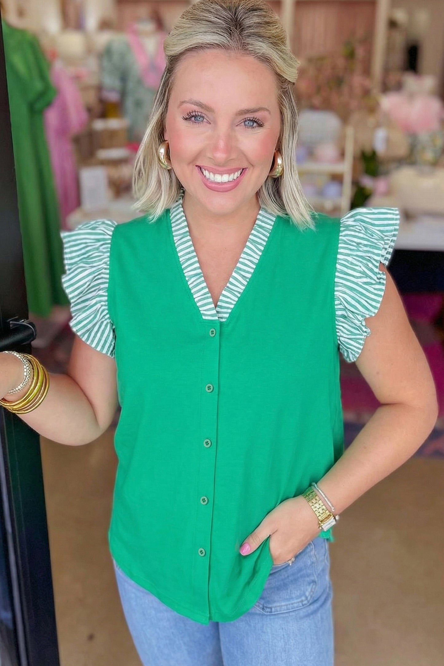 Dark Green Plus Size Button Front Ruffled Stripe Trim V Neck Flutter Sleeve Blouse-Plus Size/Plus Size Tops/Plus Size Blouses & Shirts-[Adult]-[Female]-2022 Online Blue Zone Planet