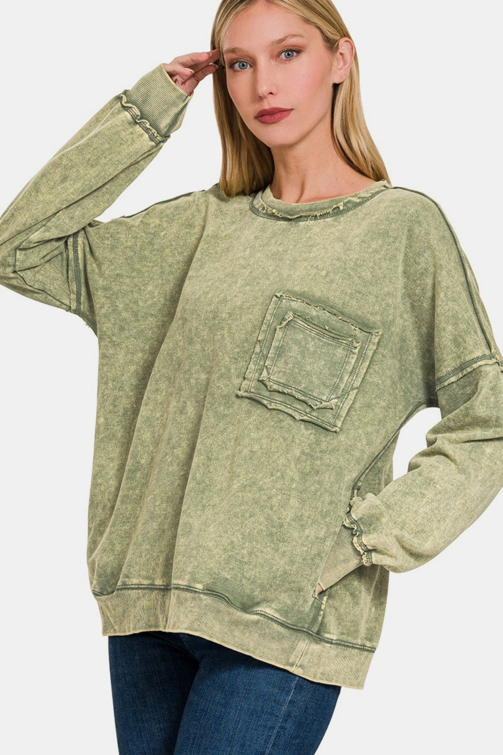 Blue Zone Planet | Zenana Exposed Seam Round Neck Dropped Shoulder Sweatshirt-TOPS / DRESSES-[Adult]-[Female]-2022 Online Blue Zone Planet