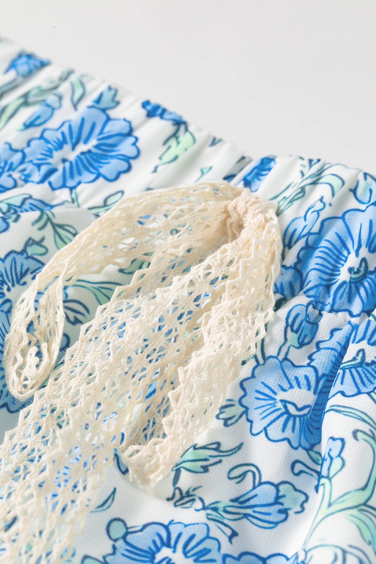 Sky Blue Summer Floral Striped Ruffle Hem Lace Tie Shorts-Bottoms/Casual Shorts-[Adult]-[Female]-2022 Online Blue Zone Planet