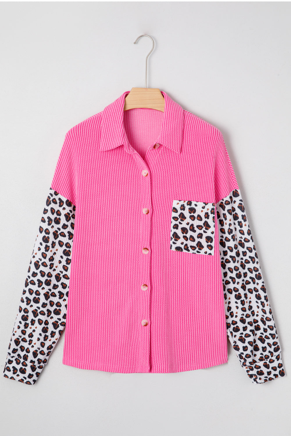 Rose Red Leopard Patched Twisted Ribbed Western Casual Shacket-Outerwear/Jackets-[Adult]-[Female]-2022 Online Blue Zone Planet