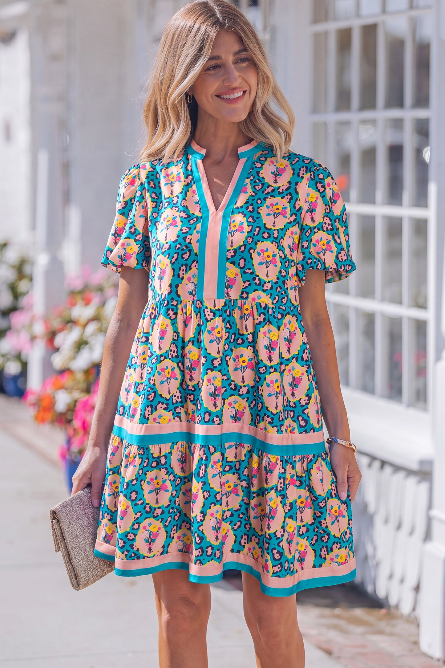Green Leopard Floral Short Dress-TOPS / DRESSES-[Adult]-[Female]-2022 Online Blue Zone Planet