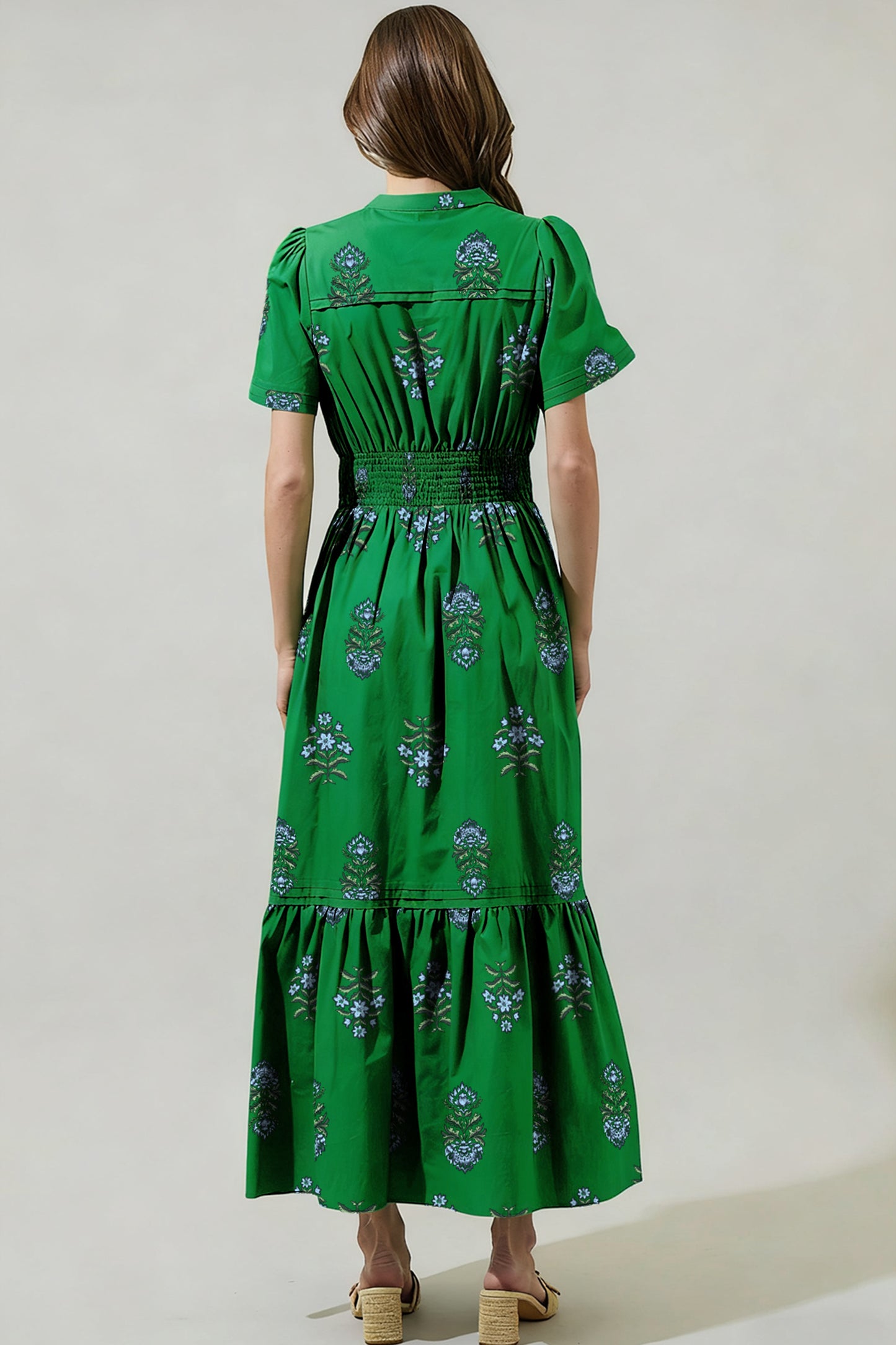 Green Floral Print Split Neck Shirred High Waist Ruffle Hem Maxi Dress-Dresses/Maxi Dresses-[Adult]-[Female]-2022 Online Blue Zone Planet