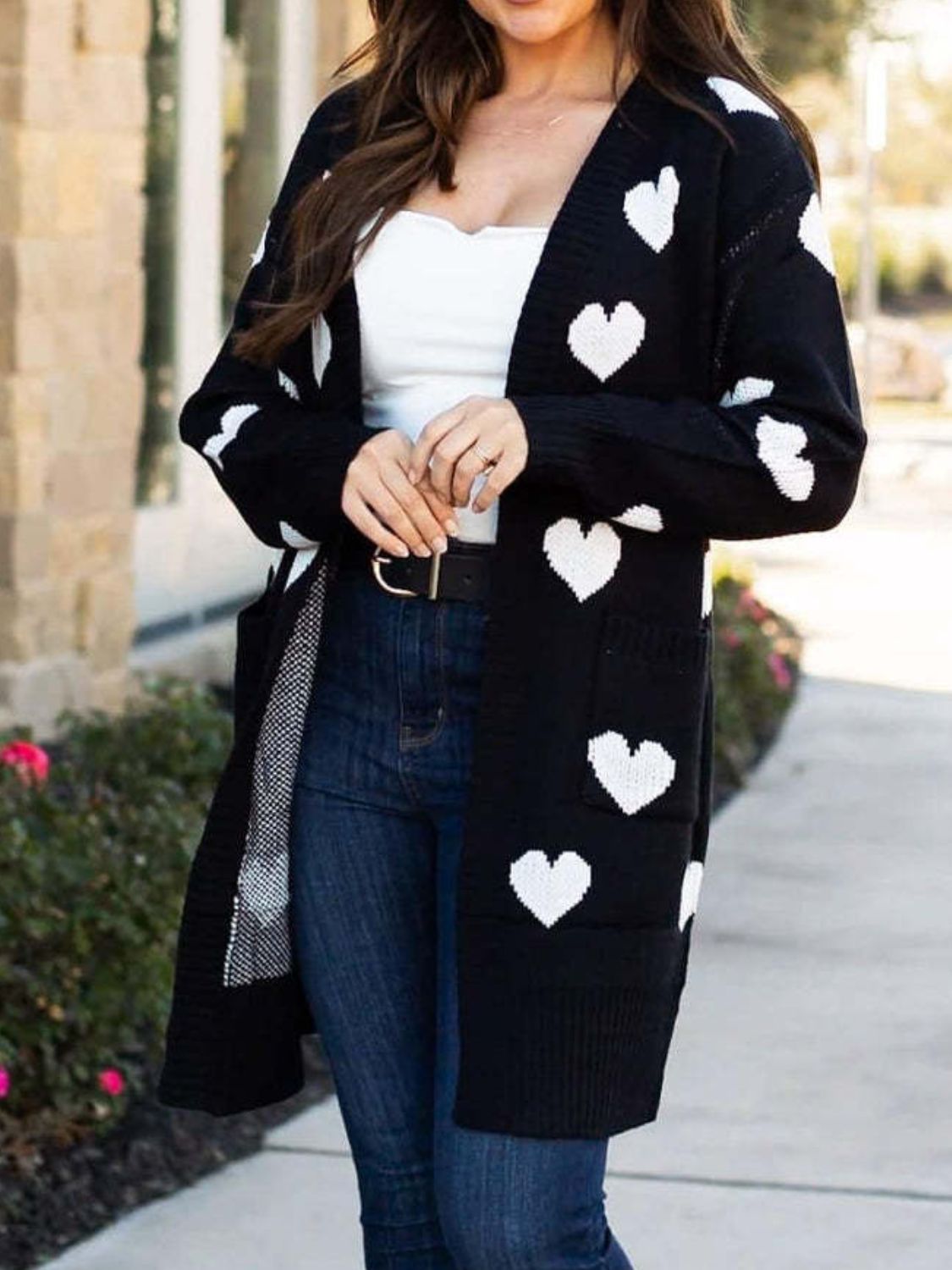 Heart Open Front Long Sleeve Cardigan-TOPS / DRESSES-[Adult]-[Female]-Black-One Size-2022 Online Blue Zone Planet