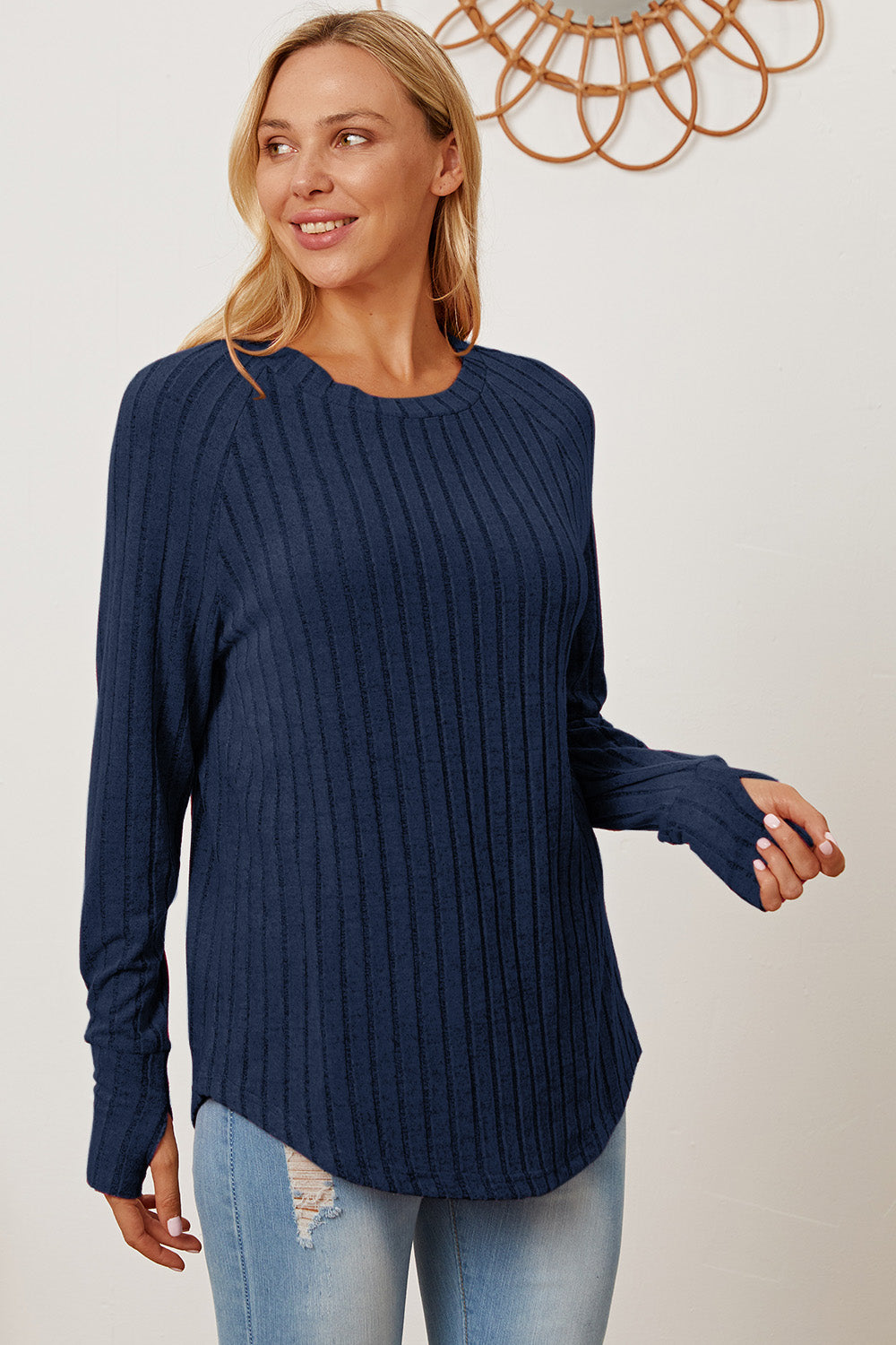 Blue Zone Planet | Basic Bae Full Size Ribbed Thumbhole Sleeve T-Shirt-TOPS / DRESSES-[Adult]-[Female]-Peacock Blue-3XL-2022 Online Blue Zone Planet