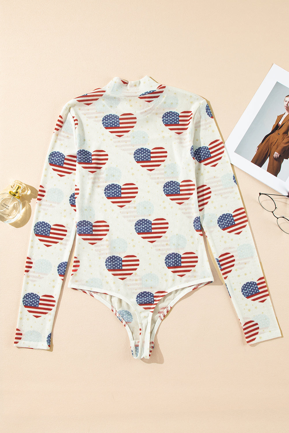 White Americana Glitter Mesh Long Sleeve Bodysuit-Tops/Bodysuits-[Adult]-[Female]-2022 Online Blue Zone Planet