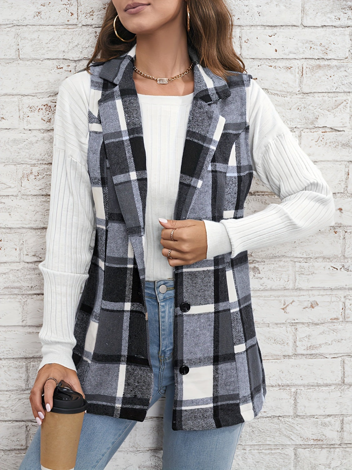 Plaid Button Down Vest Coat-TOPS / DRESSES-[Adult]-[Female]-2022 Online Blue Zone Planet