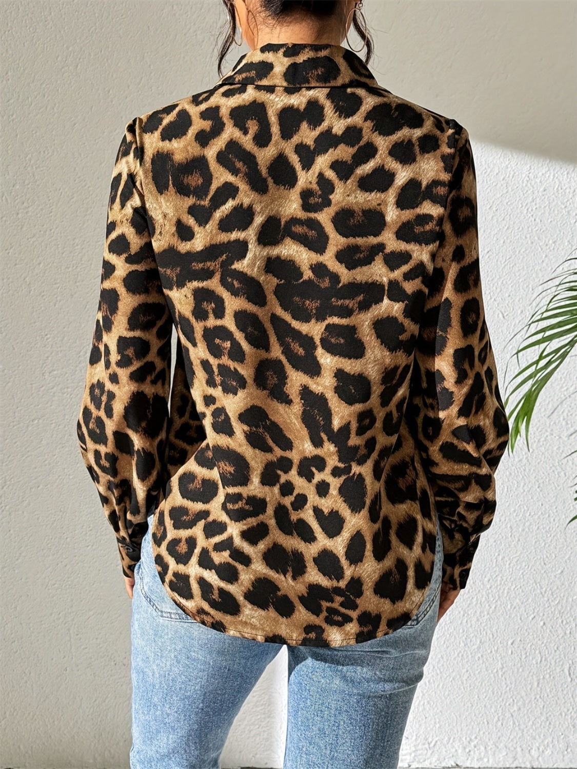 Leopard Collared Neck Long Sleeve Shirt-TOPS / DRESSES-[Adult]-[Female]-2022 Online Blue Zone Planet