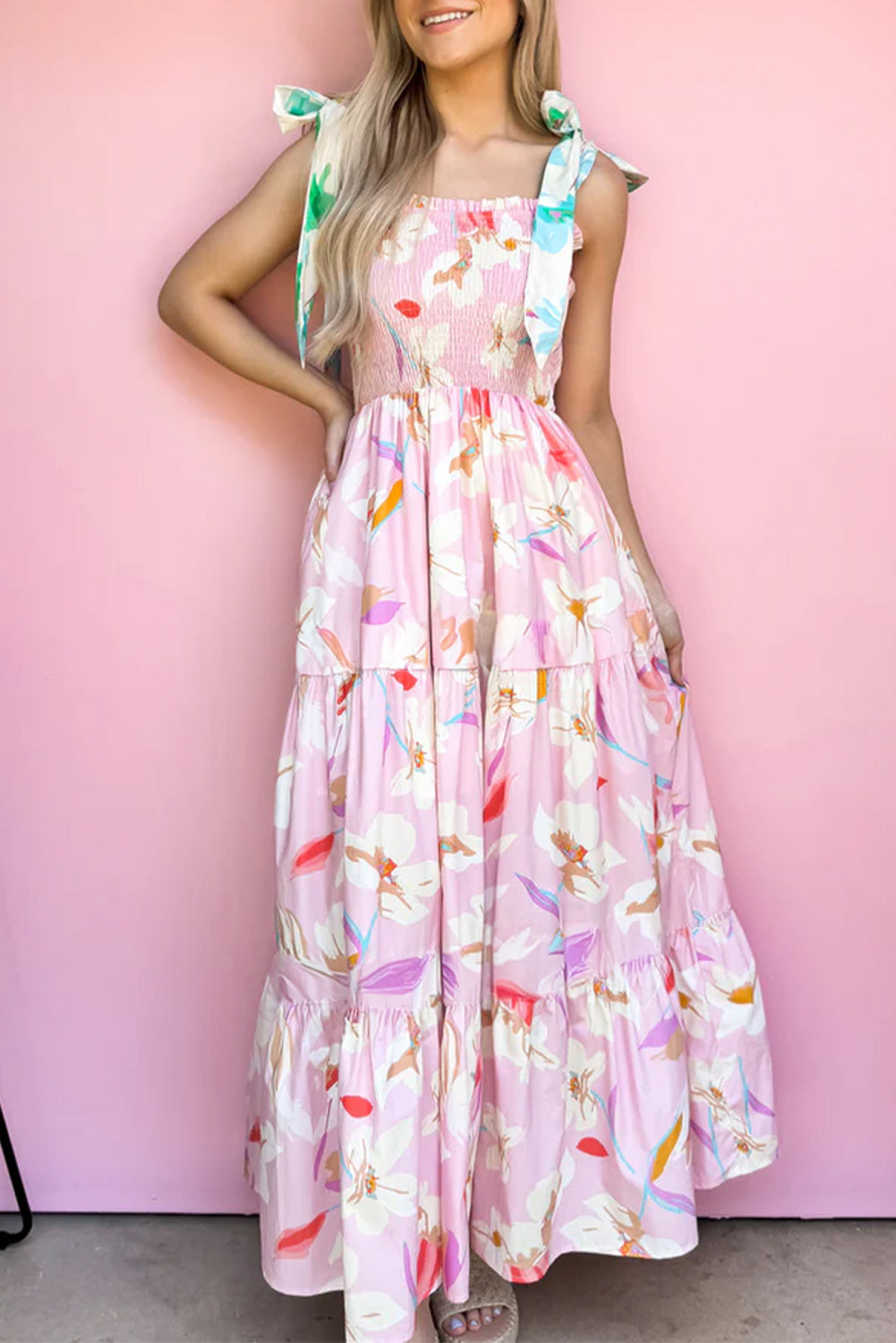 chinese dress ladies Pink Floral Print Knotted Shoulder Smocked Maxi Dress L / 100%Polyester