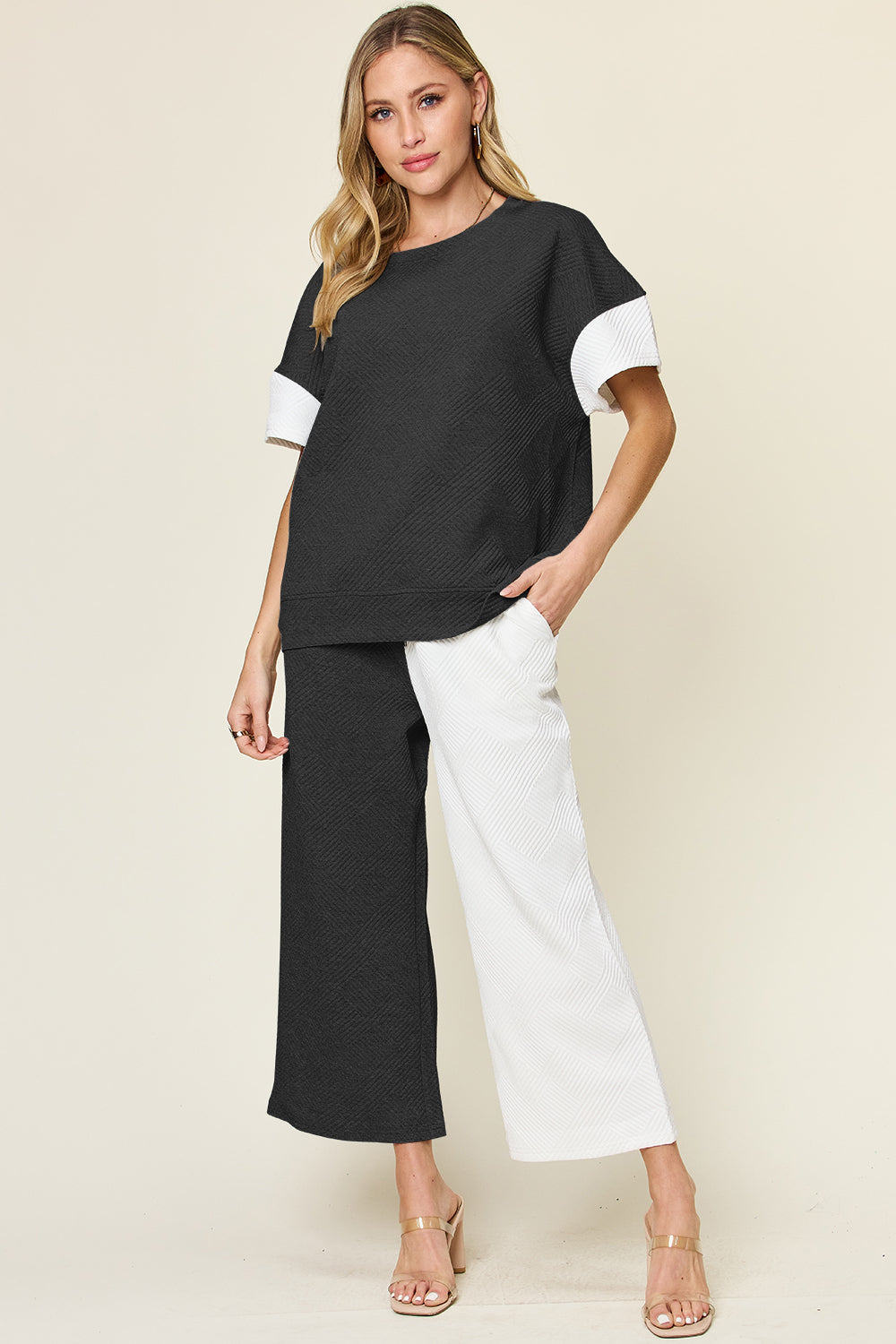 Double Take Full Size Texture Contrast T-Shirt and Wide Leg Pants Set-TOPS / DRESSES-[Adult]-[Female]-White-S-2022 Online Blue Zone Planet