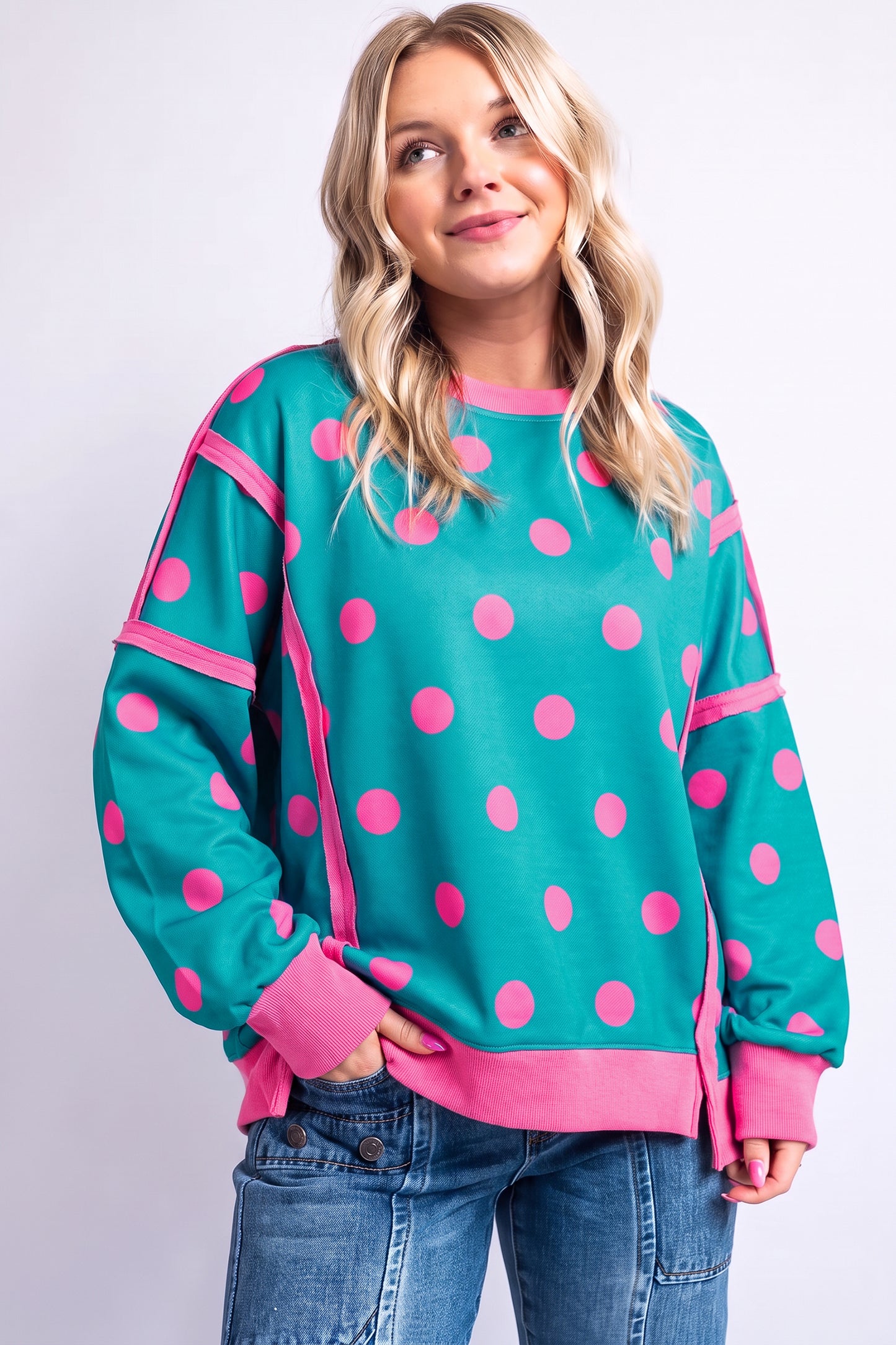 White Polka Dot Contrast Patchwork Round Neck Baggy Sweatshirt-Tops/Sweatshirts & Hoodies-[Adult]-[Female]-2022 Online Blue Zone Planet