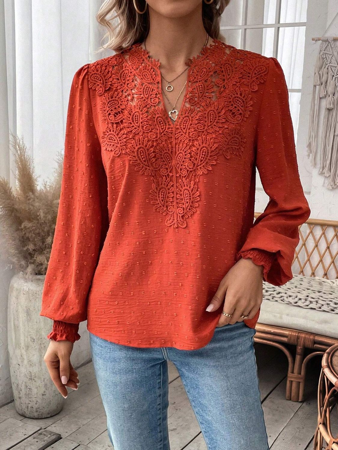 Swiss Dot Lace Detail Notched Long Sleeve Blouse-TOPS / DRESSES-[Adult]-[Female]-2022 Online Blue Zone Planet