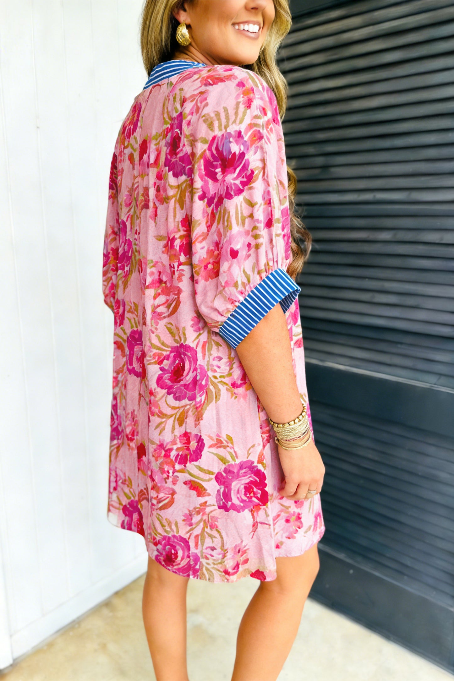 Multicolour Floral Striped Patchwork Trim Half Sleeve Mini Dress-Dresses/Floral Dresses-[Adult]-[Female]-2022 Online Blue Zone Planet