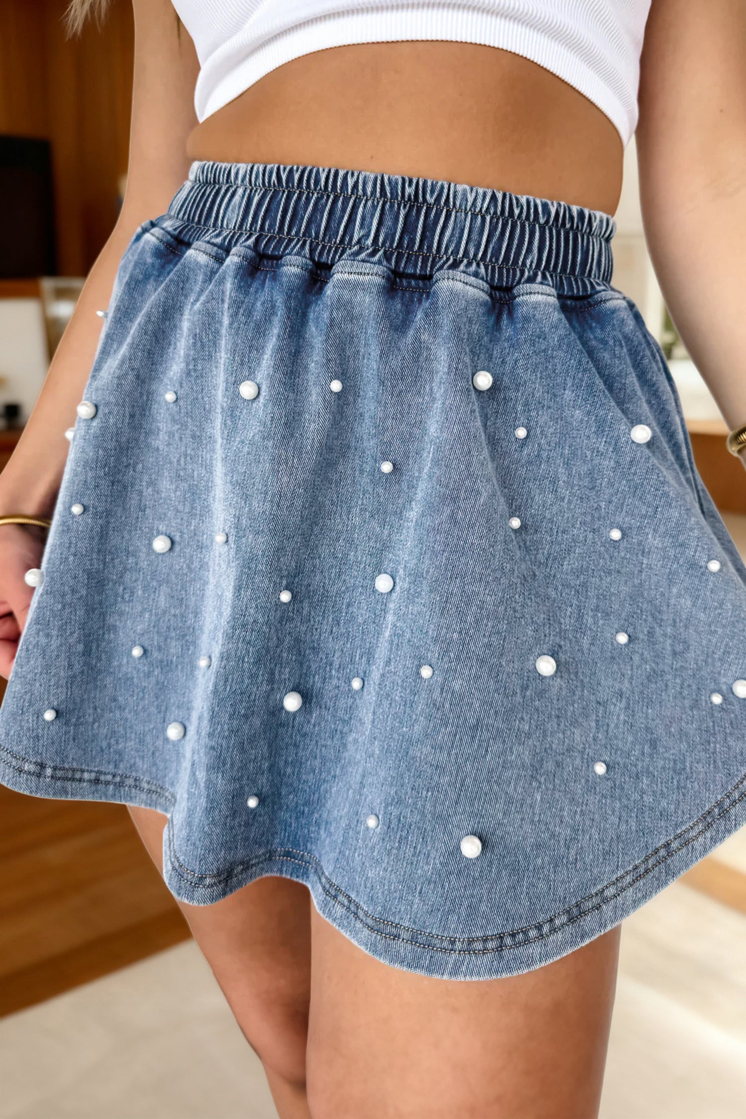 Ashleigh Blue Denim Pearl Embellished Elastic Waist Mini Skort-Bottoms/Denim Shorts-[Adult]-[Female]-2022 Online Blue Zone Planet