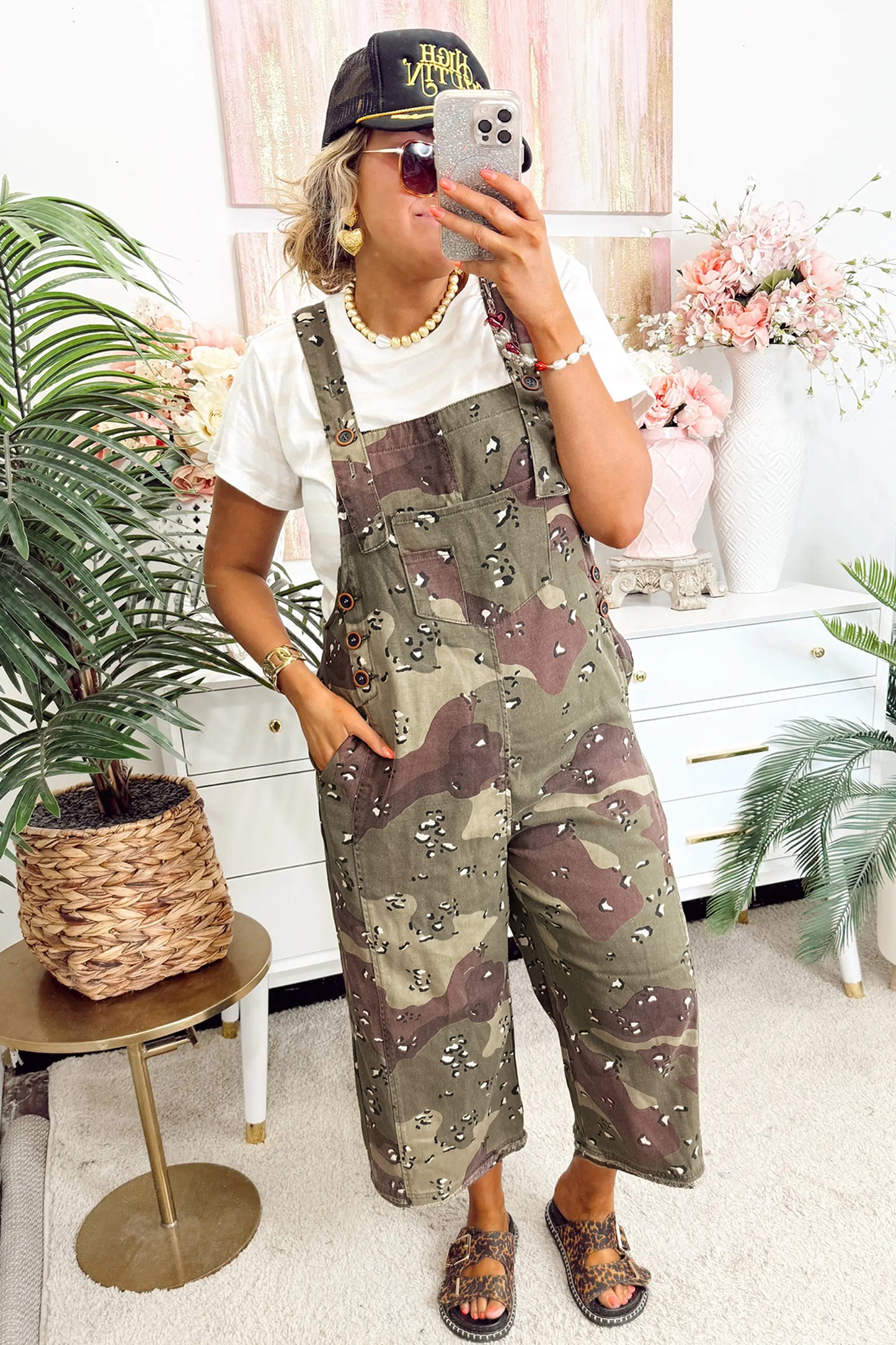 Green Camouflage Print Leopard Detail Loose Denim Overall Cropped Jumpsuit-Bottoms/Jumpsuits & Rompers-[Adult]-[Female]-2022 Online Blue Zone Planet