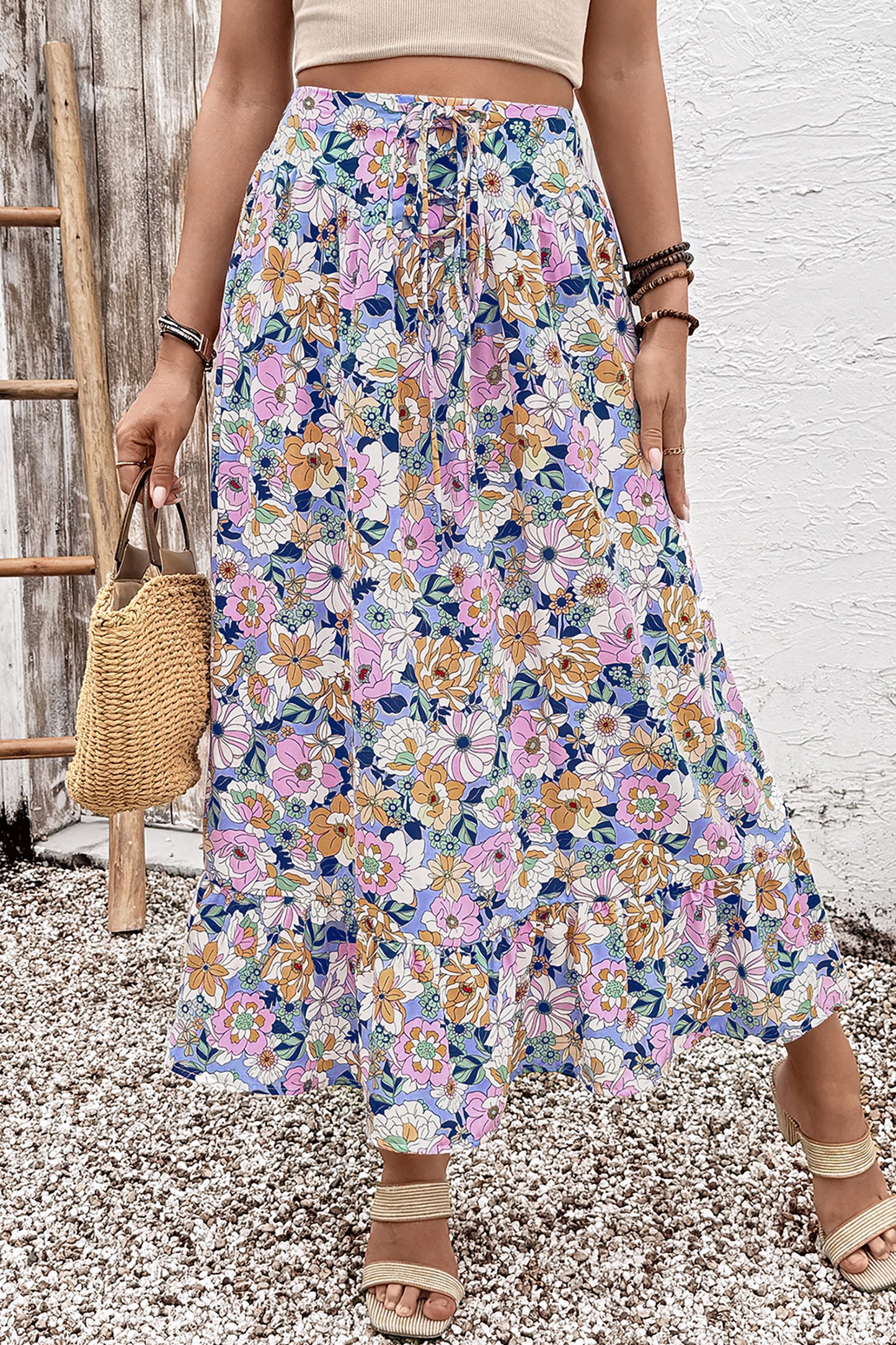 Pink Floral Print Lace-up High Waist Ruffle Hem Maxi Skirt-Bottoms/Skirts & Petticoat-[Adult]-[Female]-2022 Online Blue Zone Planet