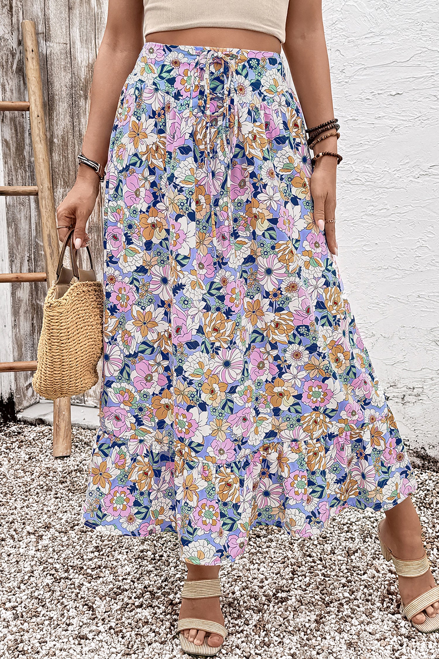 Pink Floral Print Lace-up High Waist Ruffle Hem Maxi Skirt-Bottoms/Skirts & Petticoat-[Adult]-[Female]-2022 Online Blue Zone Planet