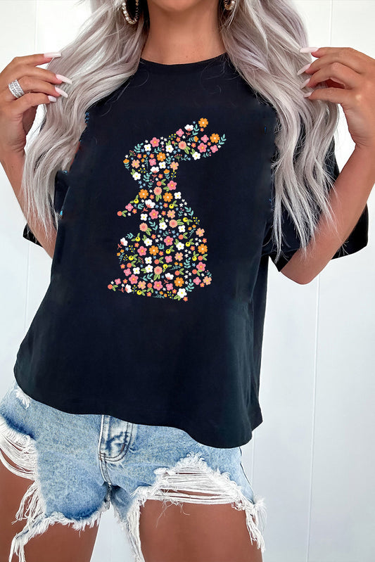 Black Colorful Floral Bunny Graphic Easter T Shirt-Graphic/Graphic Tees-[Adult]-[Female]-Black-S-2022 Online Blue Zone Planet