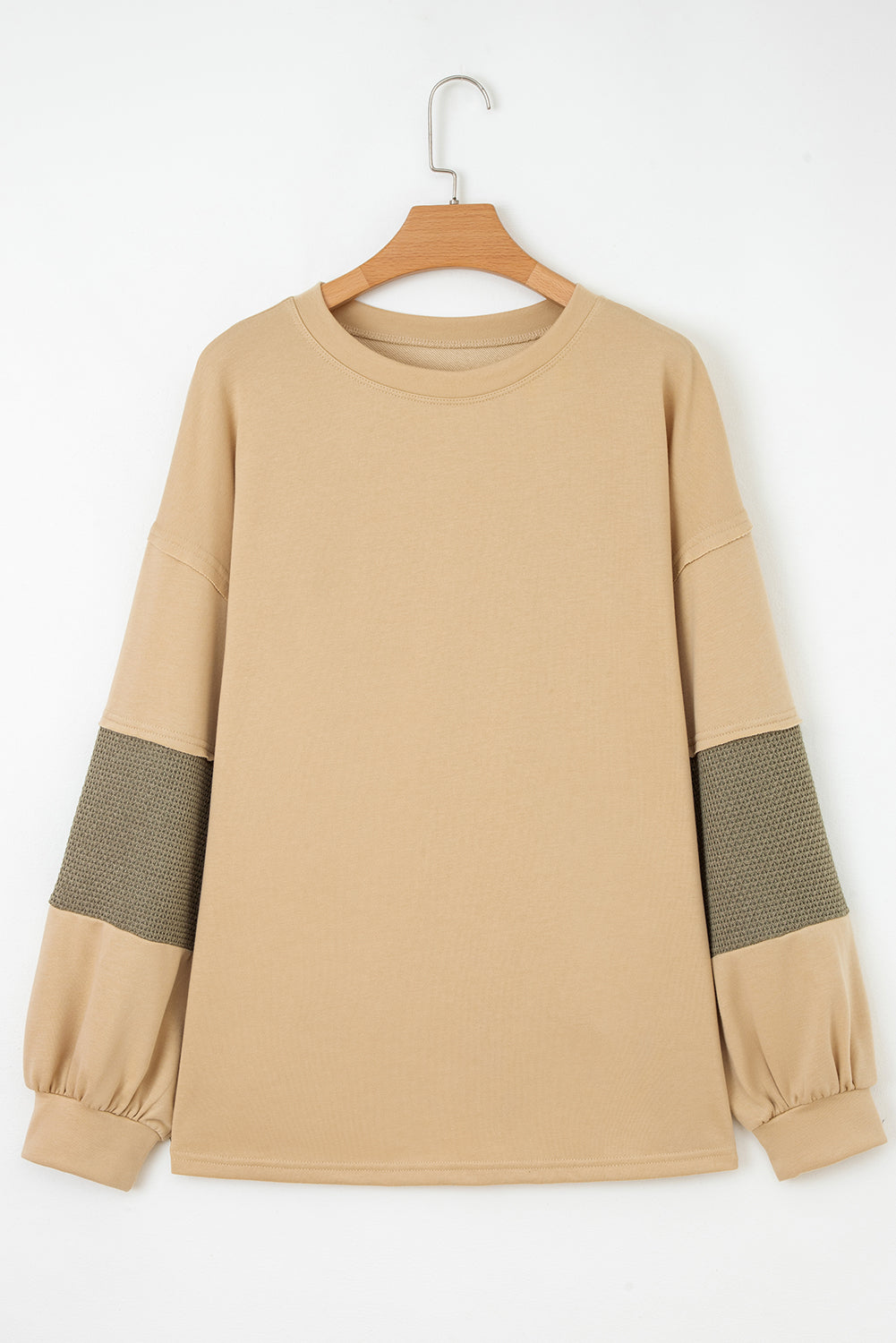 Laurel Green Exposed Seam Contrast Texture Patchwork Plus Size Drop Shoulder Pullover-Plus Size/Plus Size Tops/Plus Size Long Sleeve Tops-[Adult]-[Female]-2022 Online Blue Zone Planet