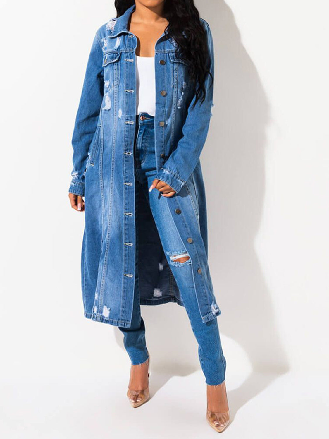 Long Sleeve Raw Hem Denim Jacket BLUE ZONE PLANET