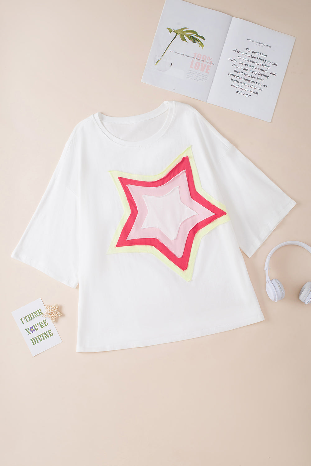 Moonlight Jade Colorblock Star Patched Half Sleeve Oversized Tee-Tops/Tops & Tees-[Adult]-[Female]-2022 Online Blue Zone Planet