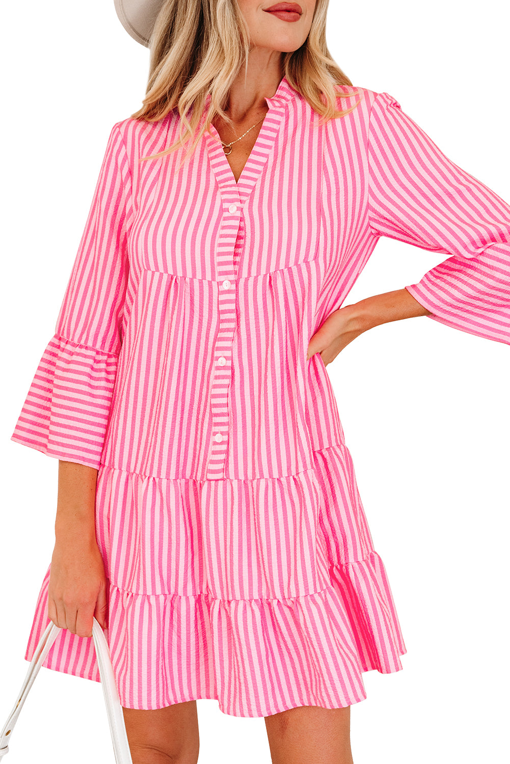 Pink Stripe Flare Sleeve Half Placket Tiered Flowy Mini Dress-TOPS / DRESSES-[Adult]-[Female]-2022 Online Blue Zone Planet